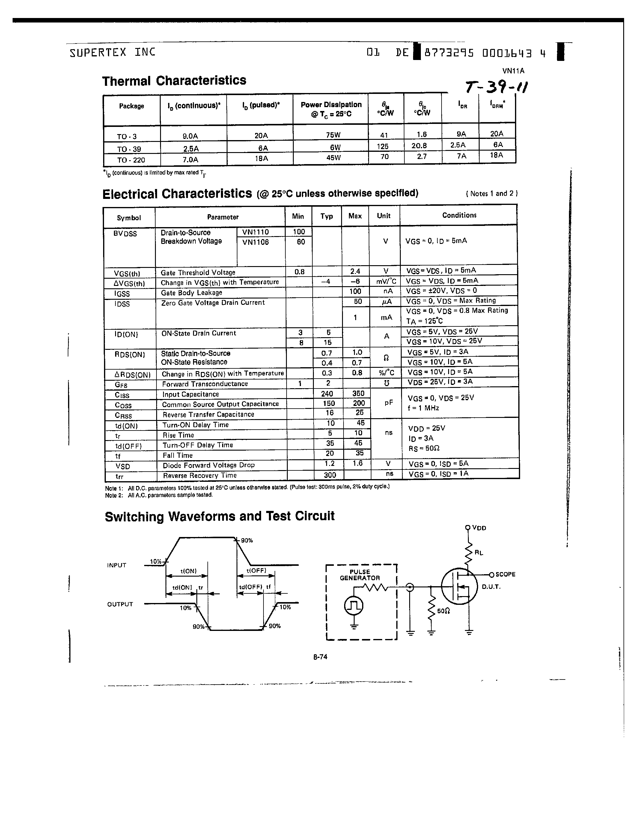 Datasheet VN1106N2 - N-Channel Enhancement-Mode Vertical DMOS Power FETs page 2
