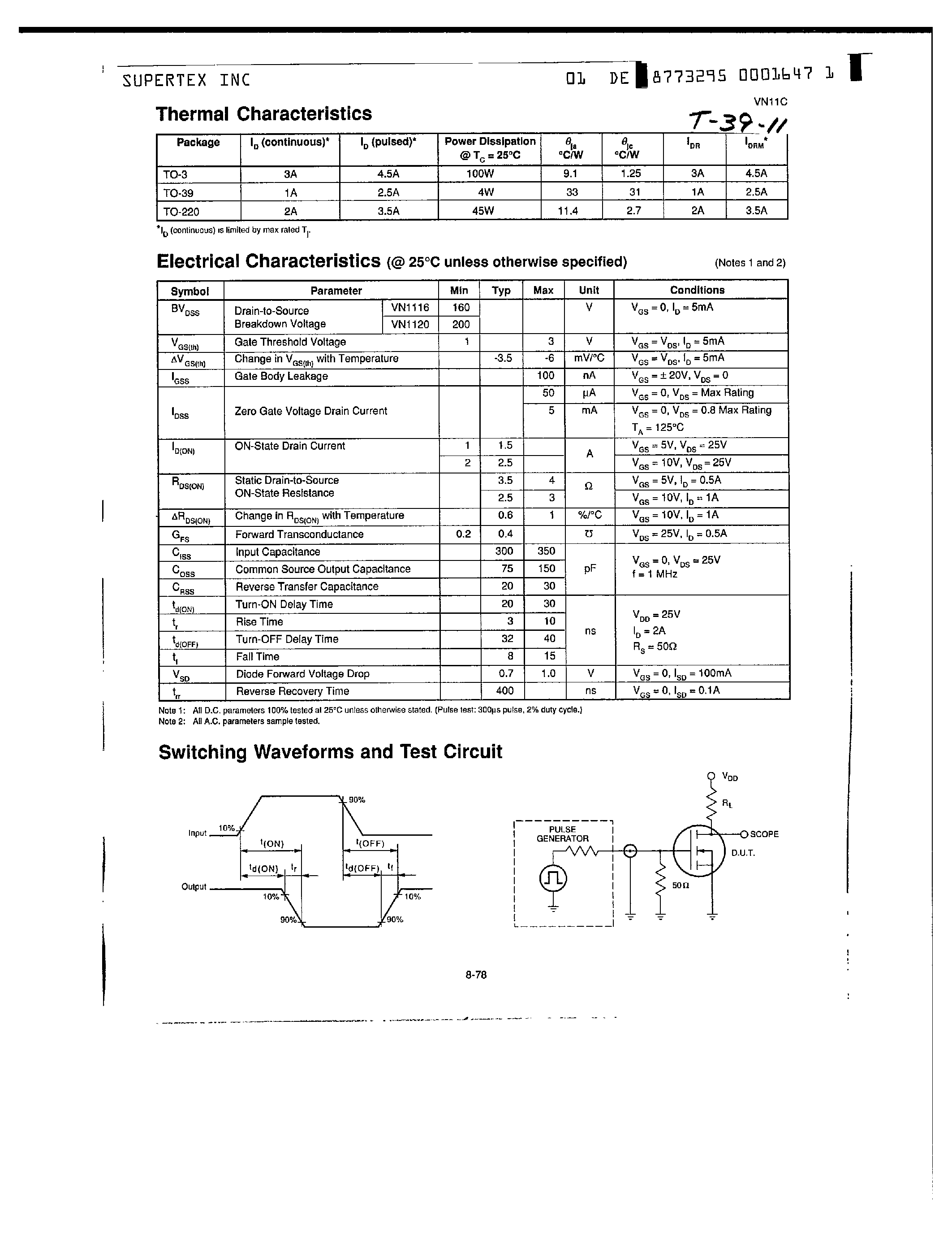 Datasheet VN1116N2 - N-Channel Enhancement-Mode Vertical DMOS Power FETs page 2