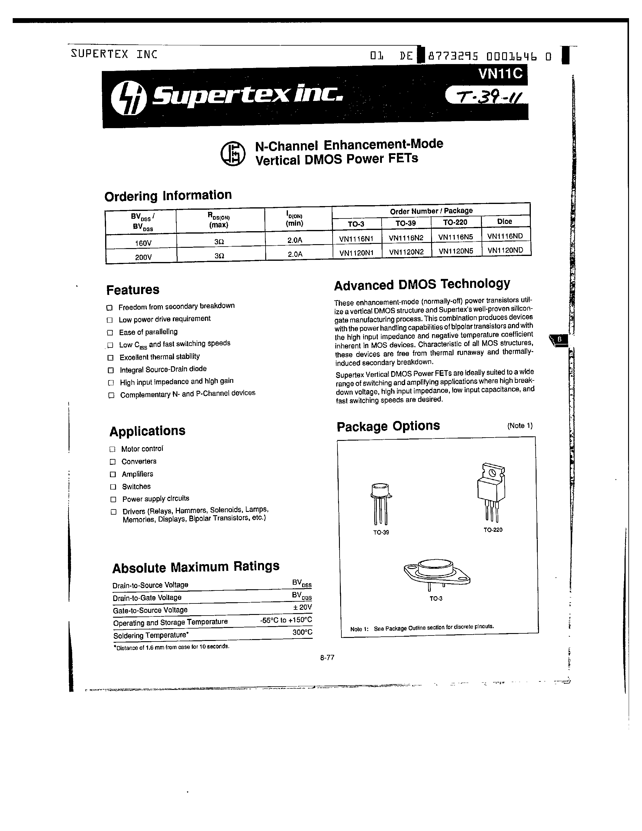 Datasheet VN1120N1 - N-Channel Enhancement-Mode Vertical DMOS Power FETs page 1