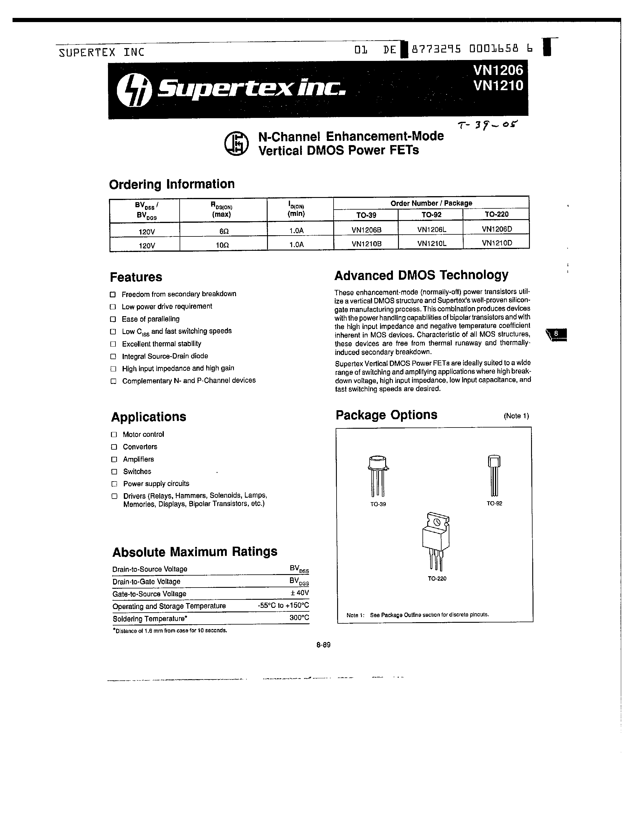 Datasheet VN1210D - N-Channel Enhancement-Mode Vertical DMOS Power FETs page 1