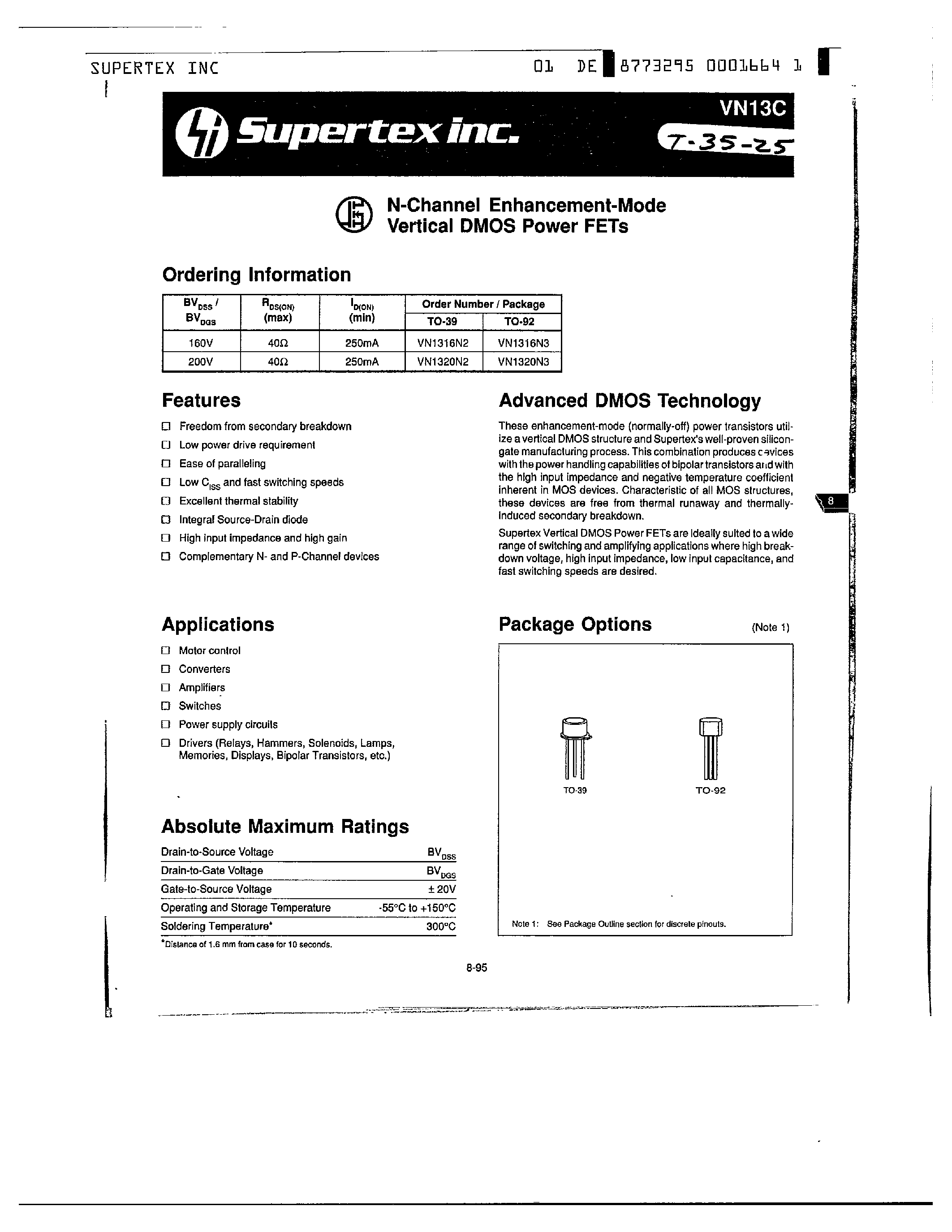 Datasheet VN1320N2 - N-Channel Enhancement-Mode Vertical DMOS Power FETs page 1