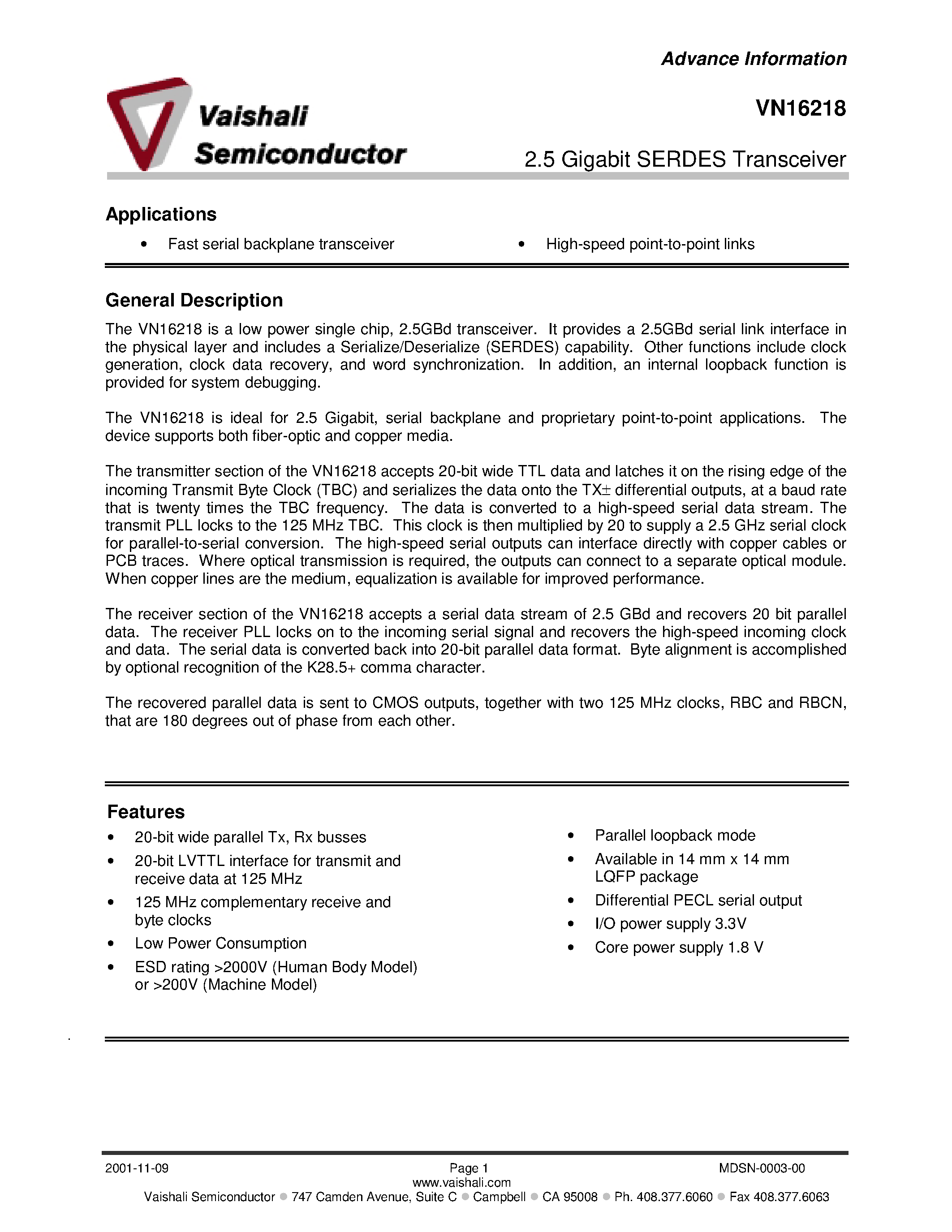 Datasheet VN16218 - 2.5 Gigabit SERDES Transceiver page 1