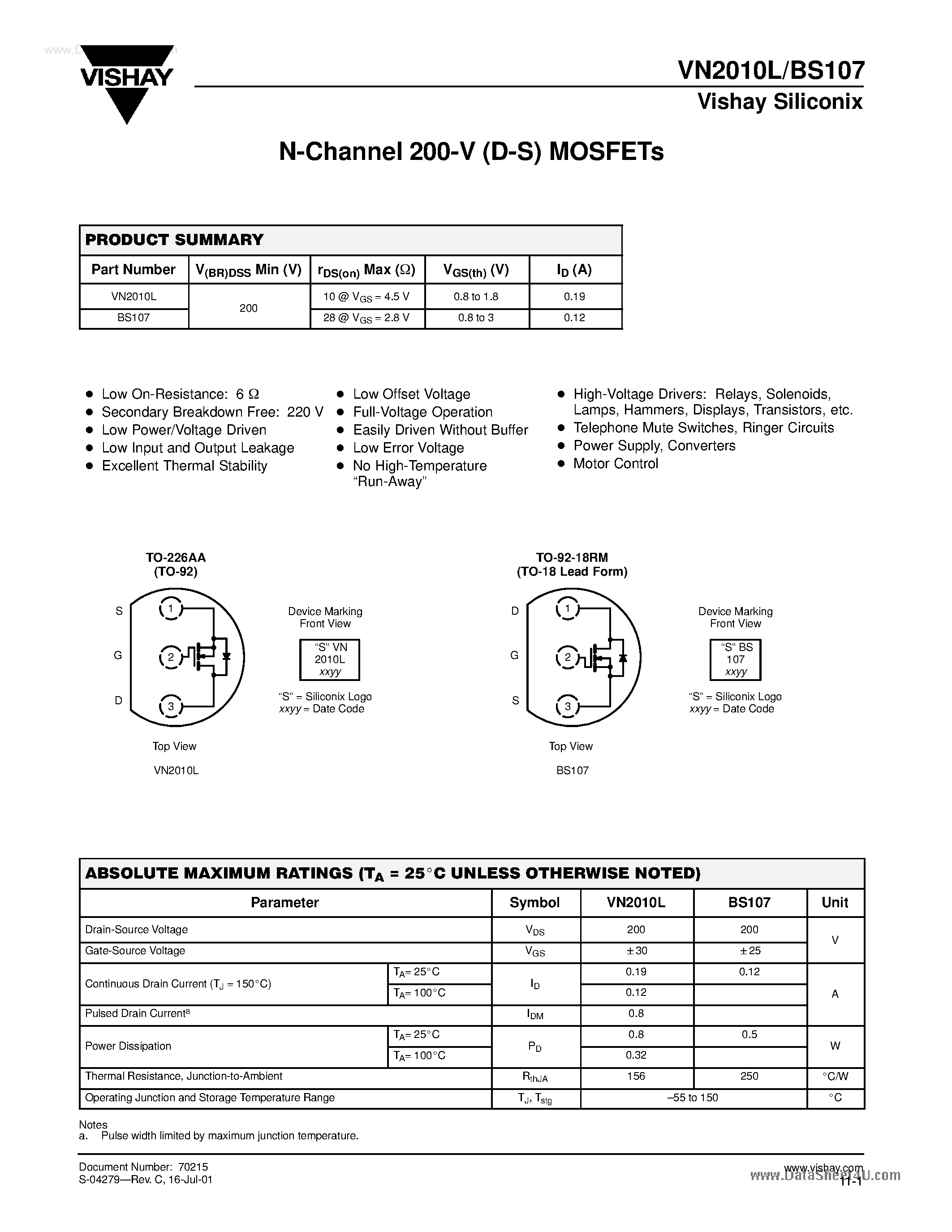Datasheet VN2010L - N-Channel 200-V (D-S) MOSFETs page 1
