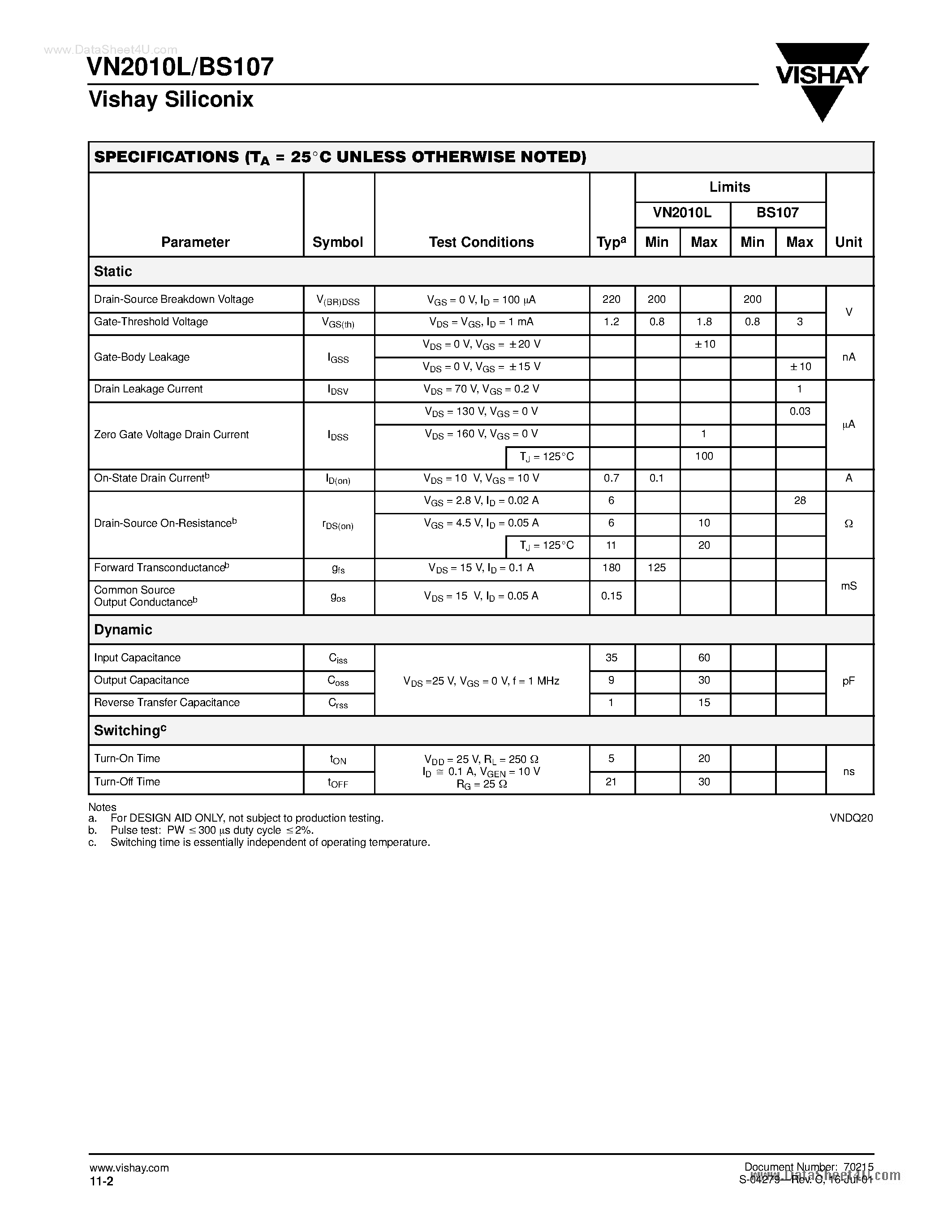 Datasheet VN2010L - N-Channel 200-V (D-S) MOSFETs page 2