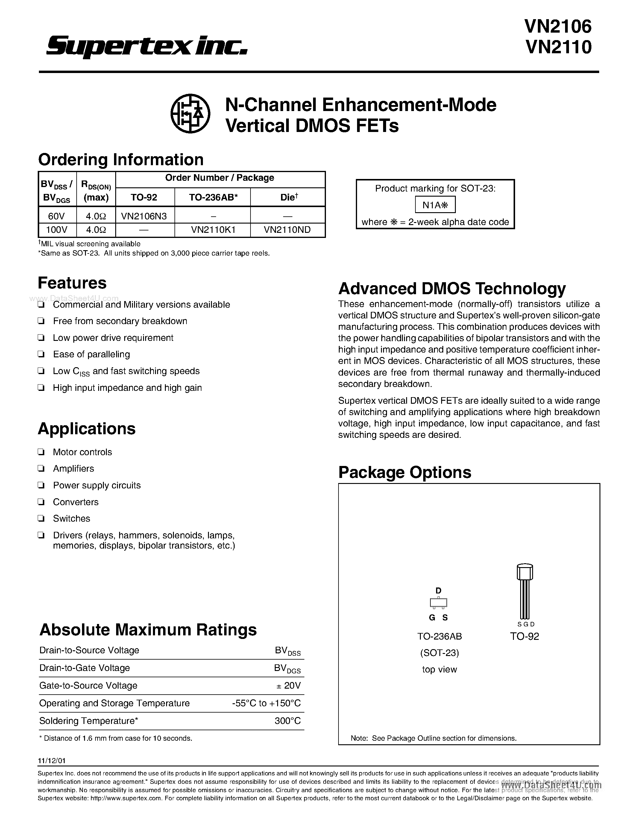 Datasheet VN2110K1 - N-Channel Enhancement-Mode Vertical DMOS FETs page 1