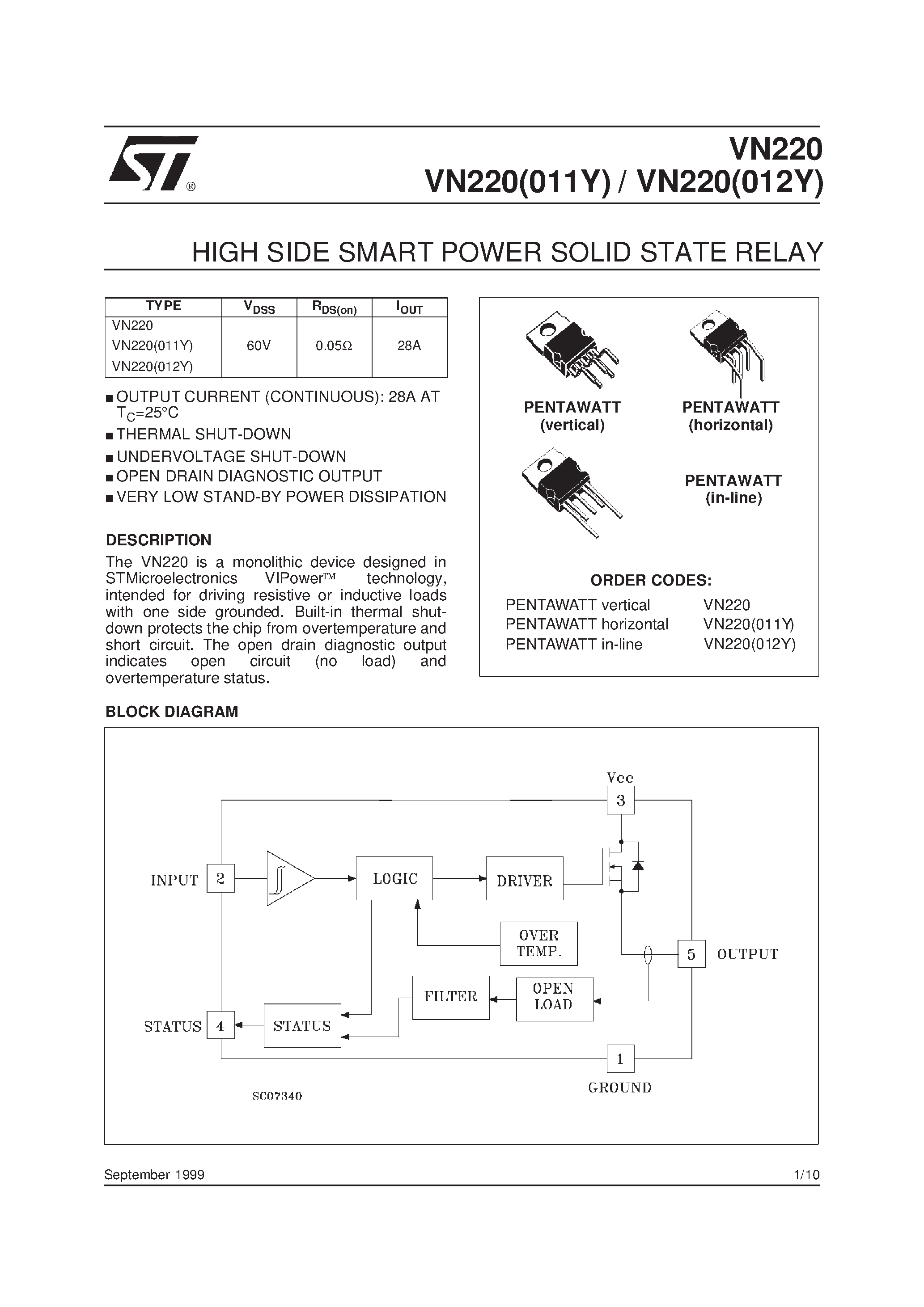 Datasheet VN220(011Y) page 1 Datasheet VN220(011Y) - HIGH SIDE SMART POWER SOLID STATE RELAY page 1