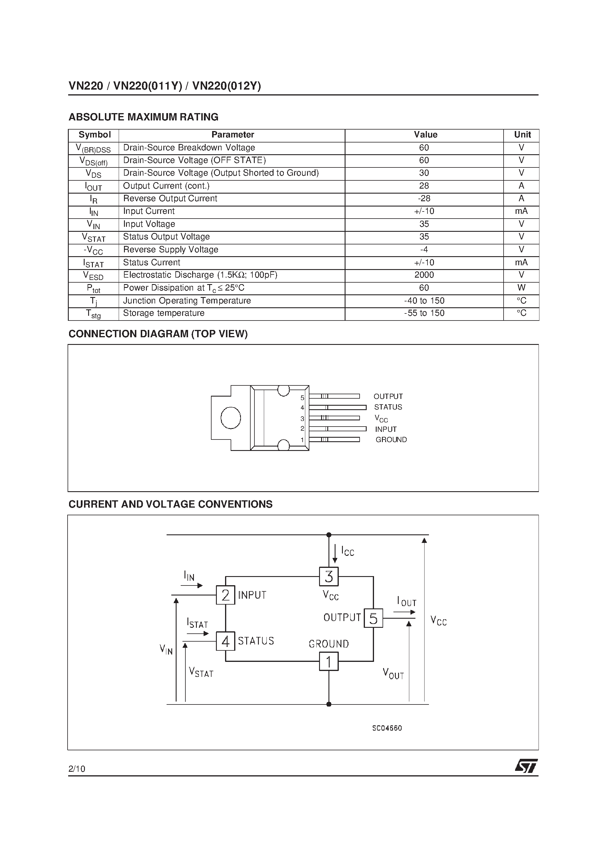 Datasheet VN220(011Y) page 2 Datasheet VN220(011Y) - HIGH SIDE SMART POWER SOLID STATE RELAY page 2