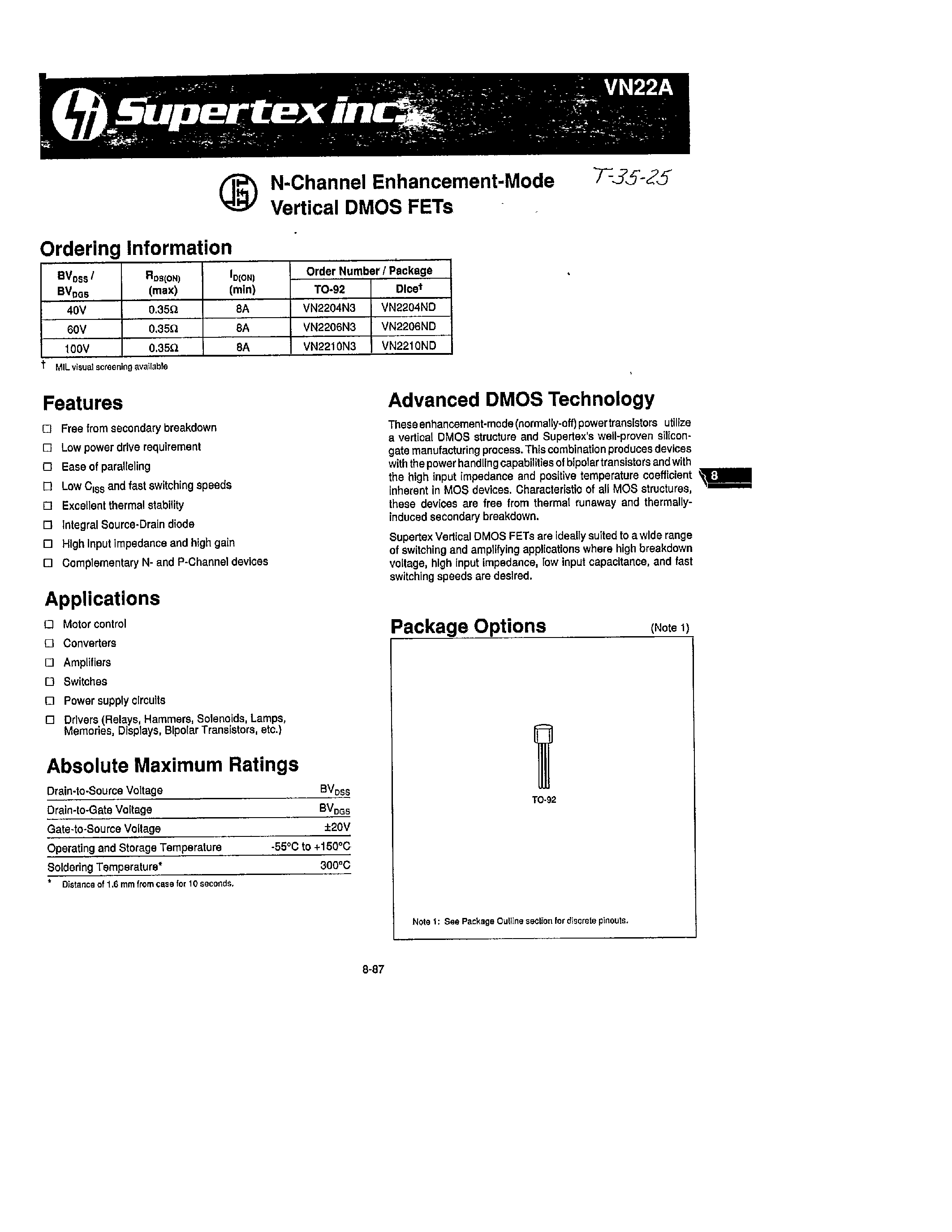Datasheet VN2204N3 - N-Channel Enhancement-Mode Vertical DMOS FETs page 1