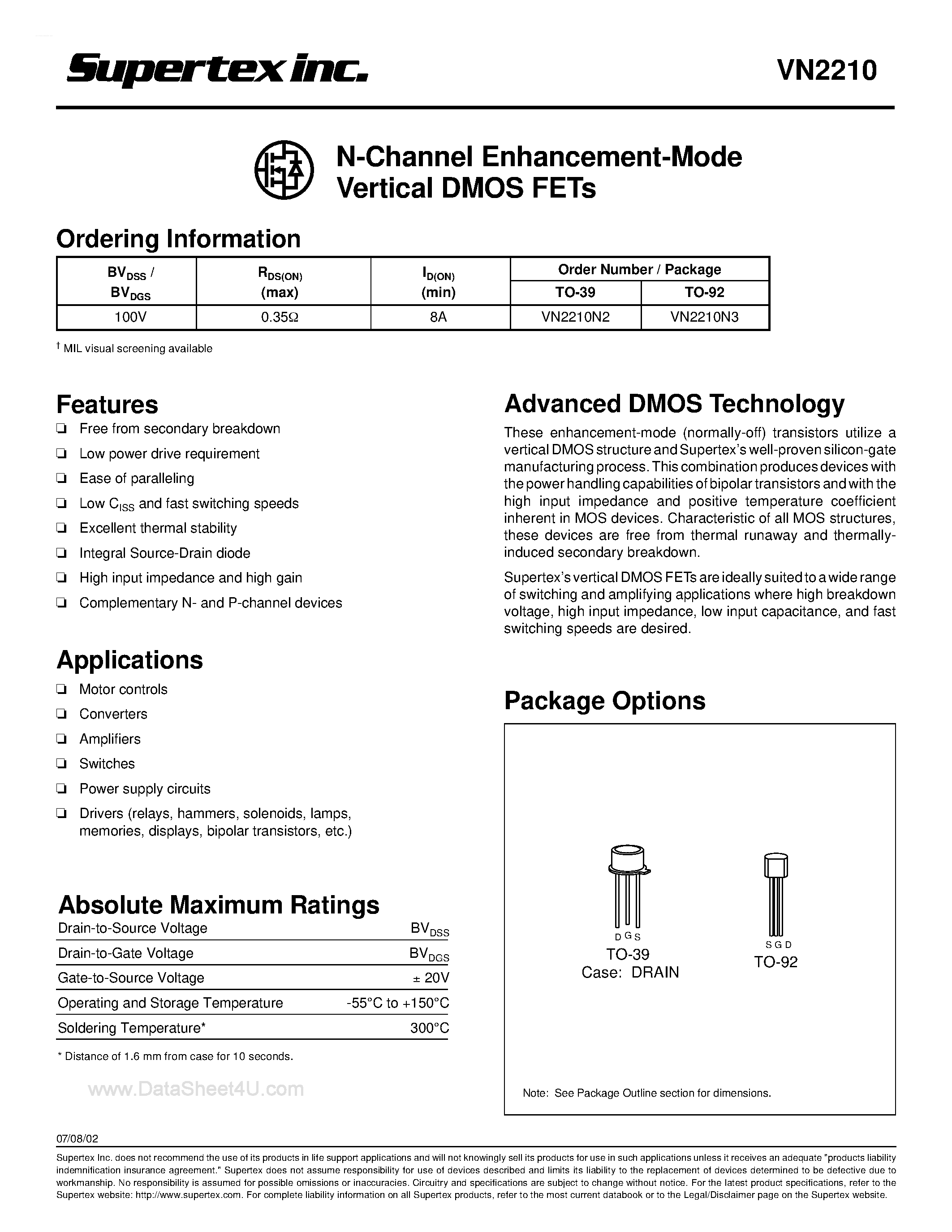 Datasheet VN2210N2 - N-Channel Enhancement-Mode Vertical DMOS FETs page 1