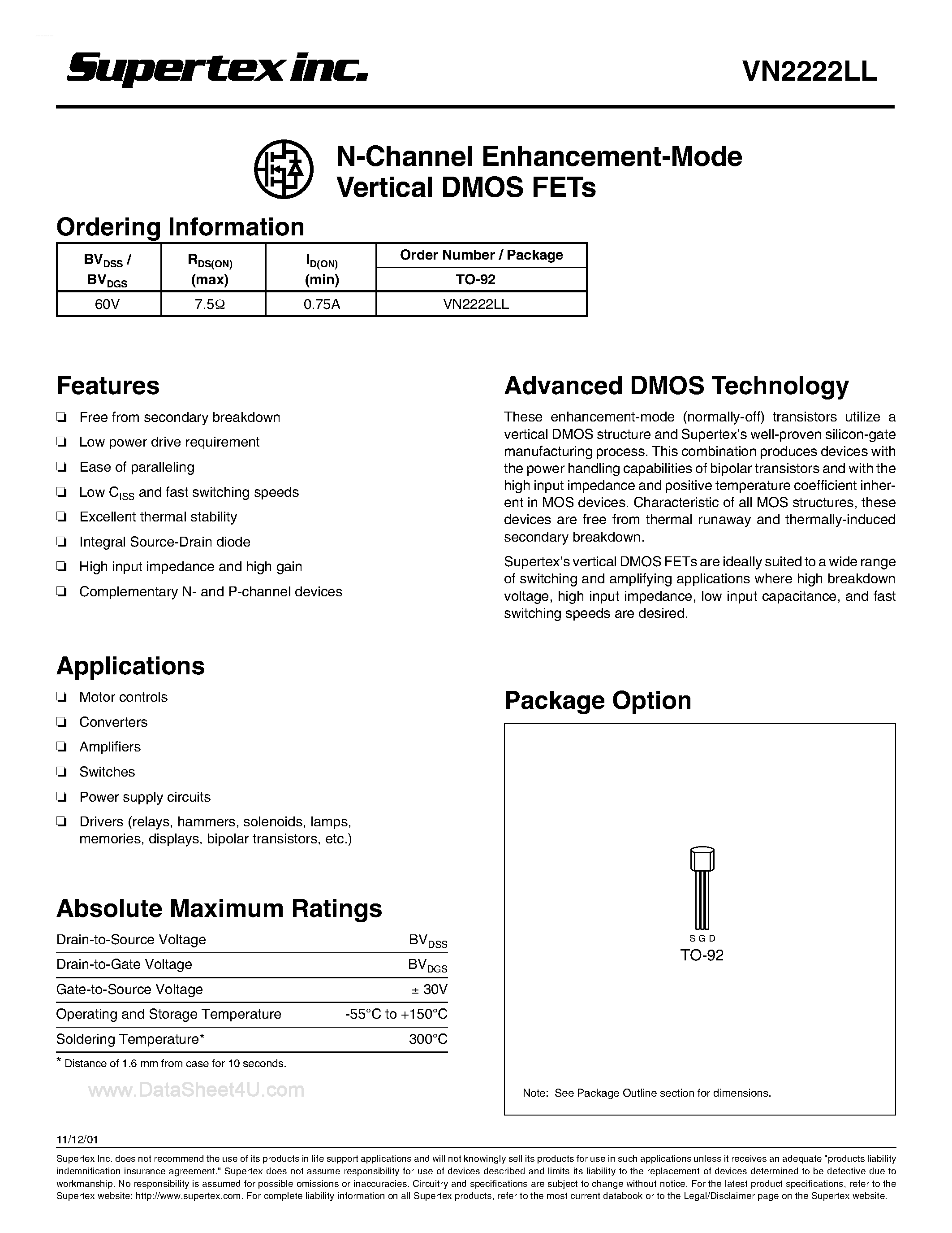 Datasheet VN2222LL - N-Channel Enhancement-Mode Vertical DMOS FETs page 1