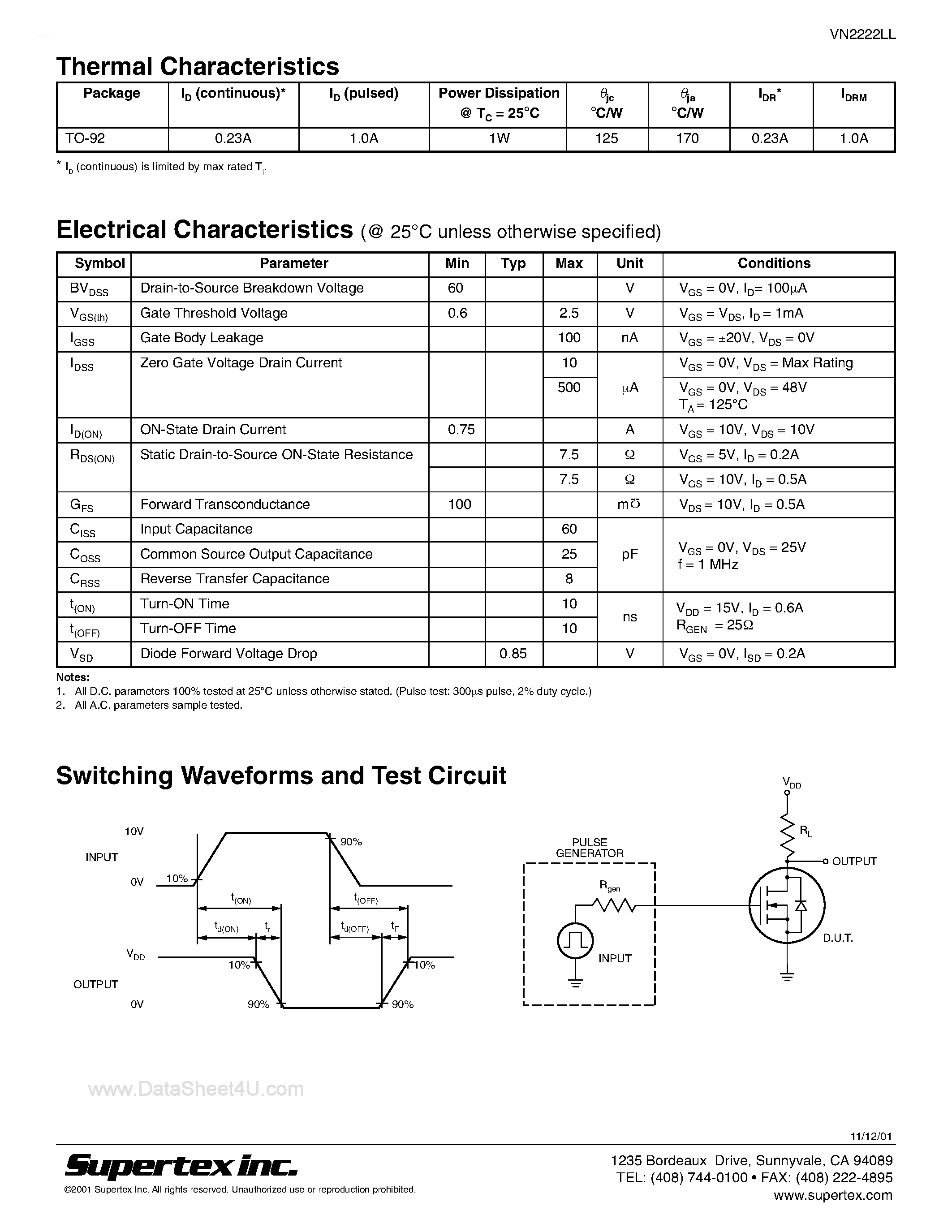 Datasheet VN2222LL - N-Channel Enhancement-Mode Vertical DMOS FETs page 2
