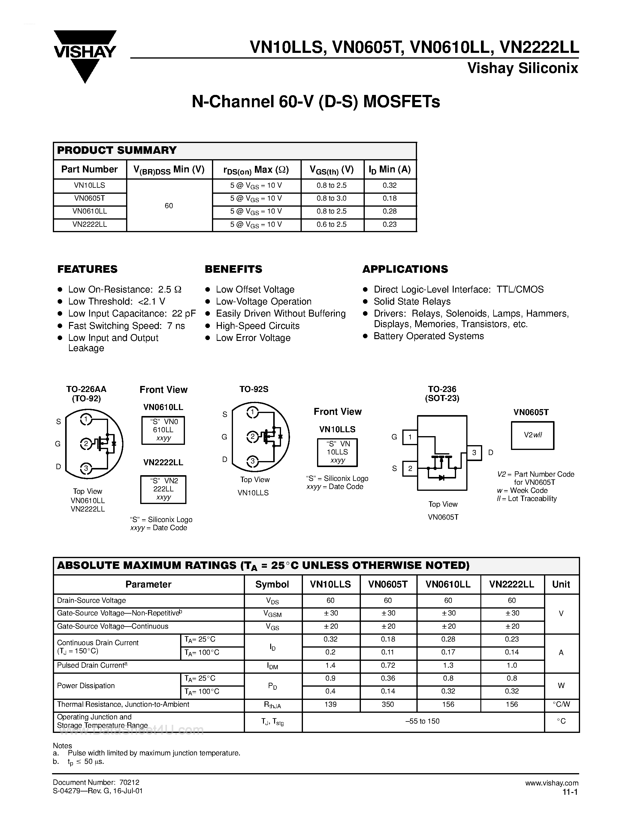 Datasheet VN2222LL - N-Channel 60-V (D-S) MOSFETs page 1