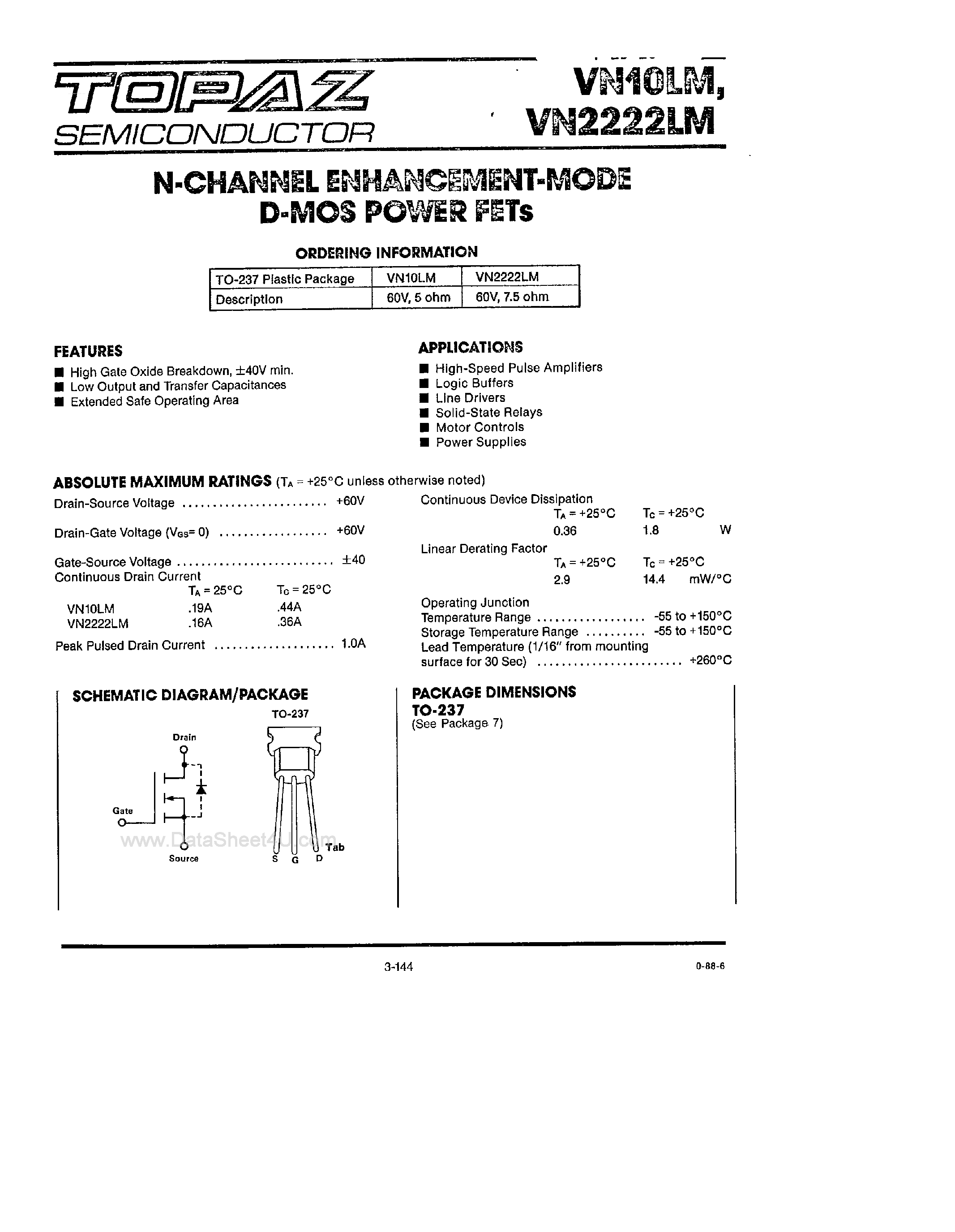 Datasheet VN2222LM - N CHANNEL ENHANCEMENT MODE D MOS POWER FETS page 1