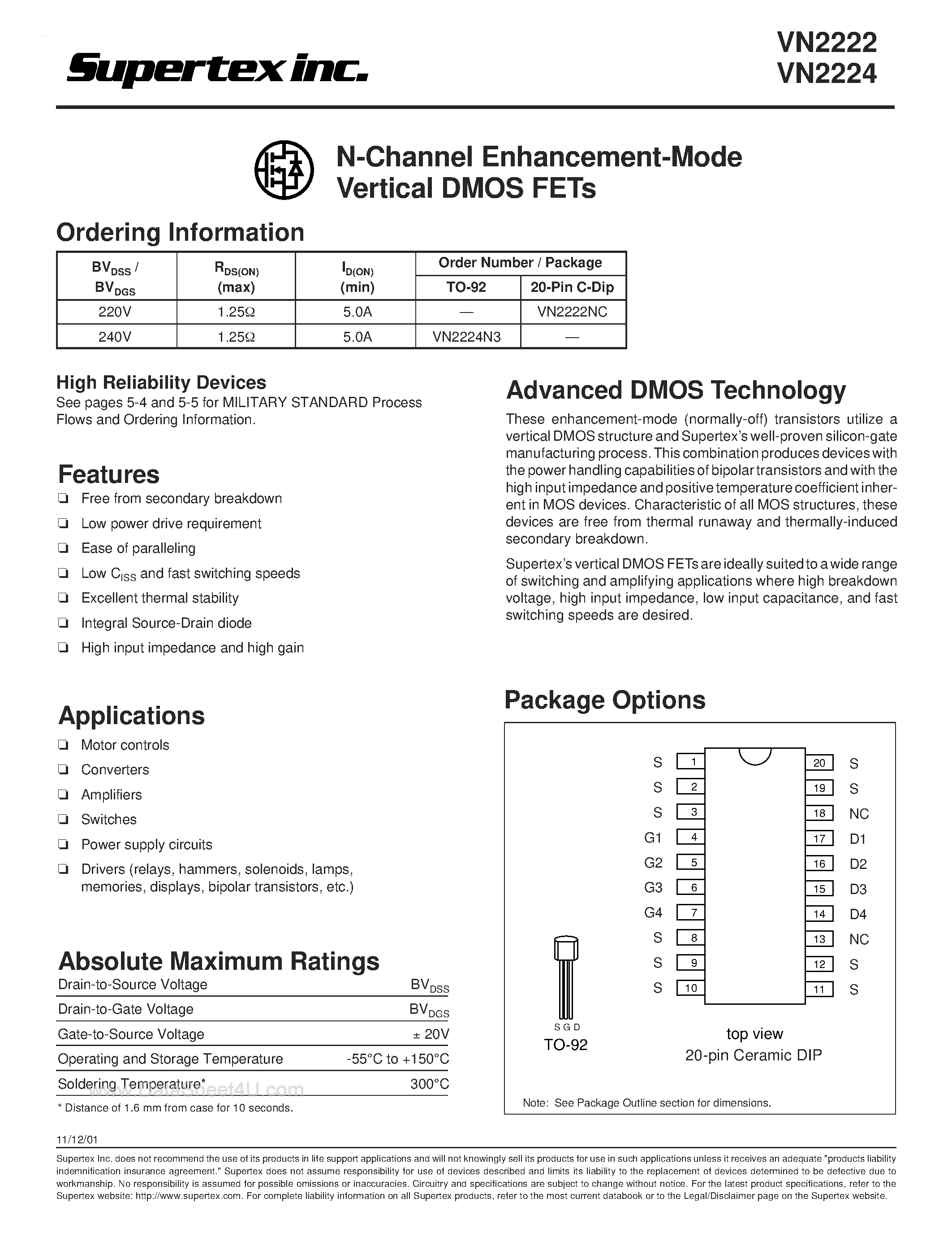 Datasheet VN2224 - N-Channel Enhancement-Mode Vertical DMOS FETs page 1