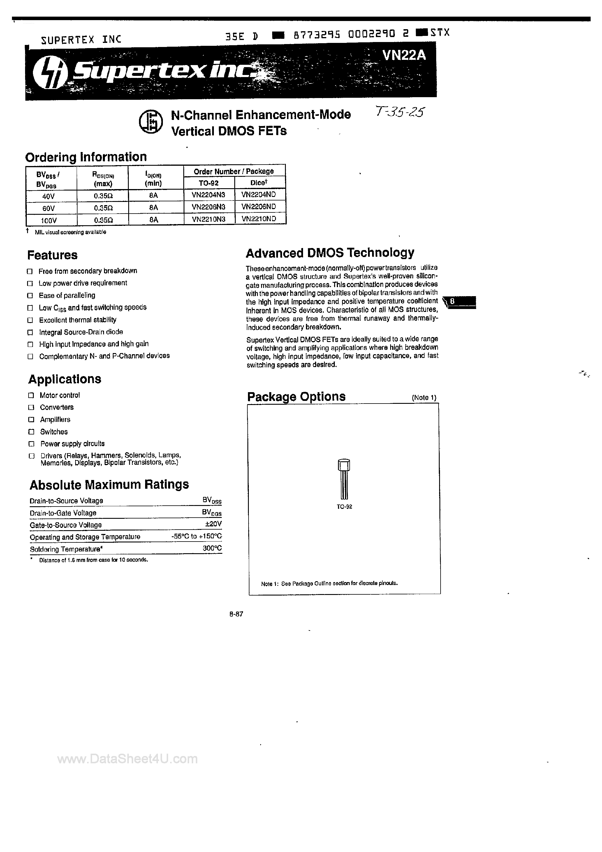 Datasheet VN22A - N-Channel Enhancement-Mode Vertical DMOS FETs page 1