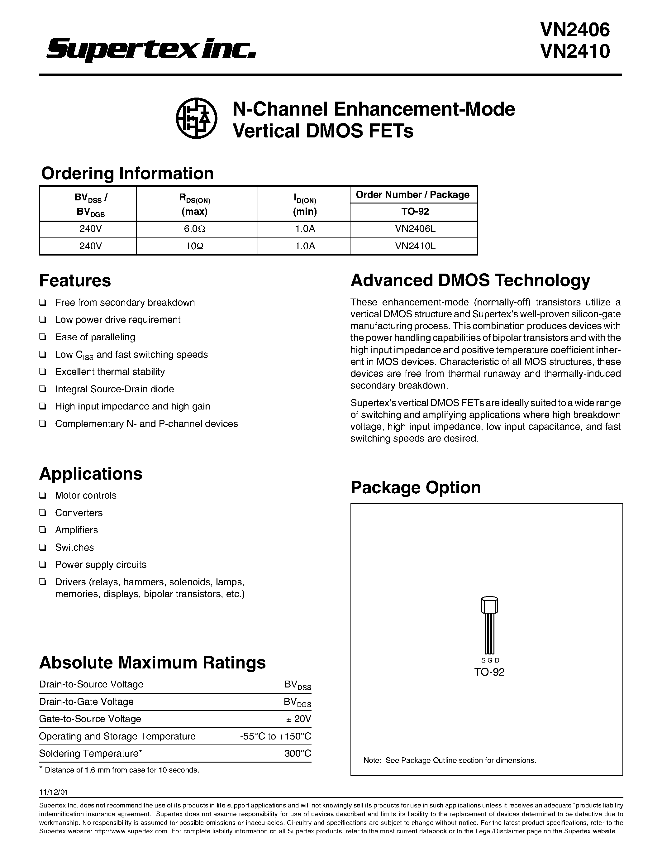 Datasheet VN2410L - N-Channel Enhancement-Mode Vertical DMOS FETs page 1