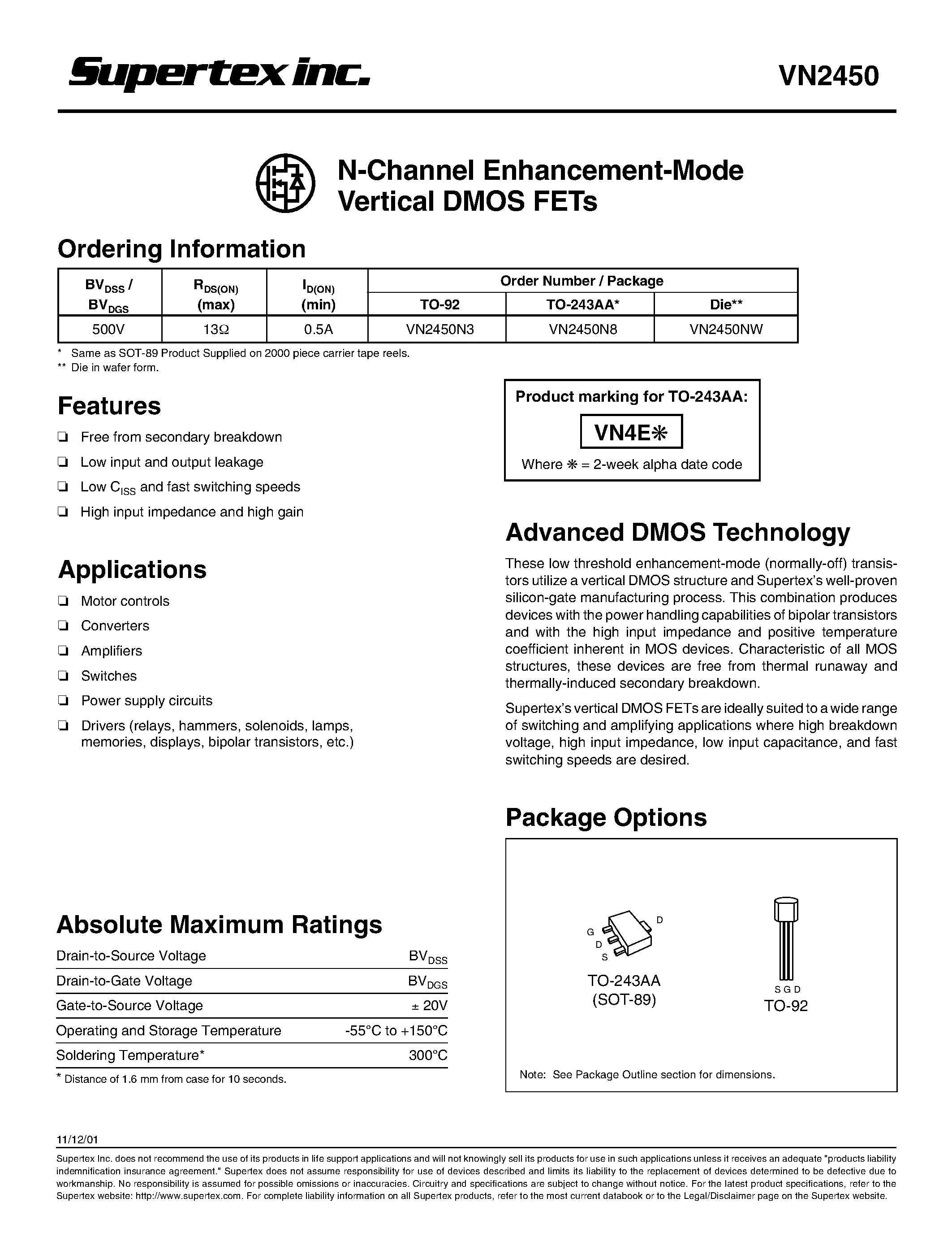 Datasheet VN2450N3 - N-Channel Enhancement-Mode Vertical DMOS FETs page 1