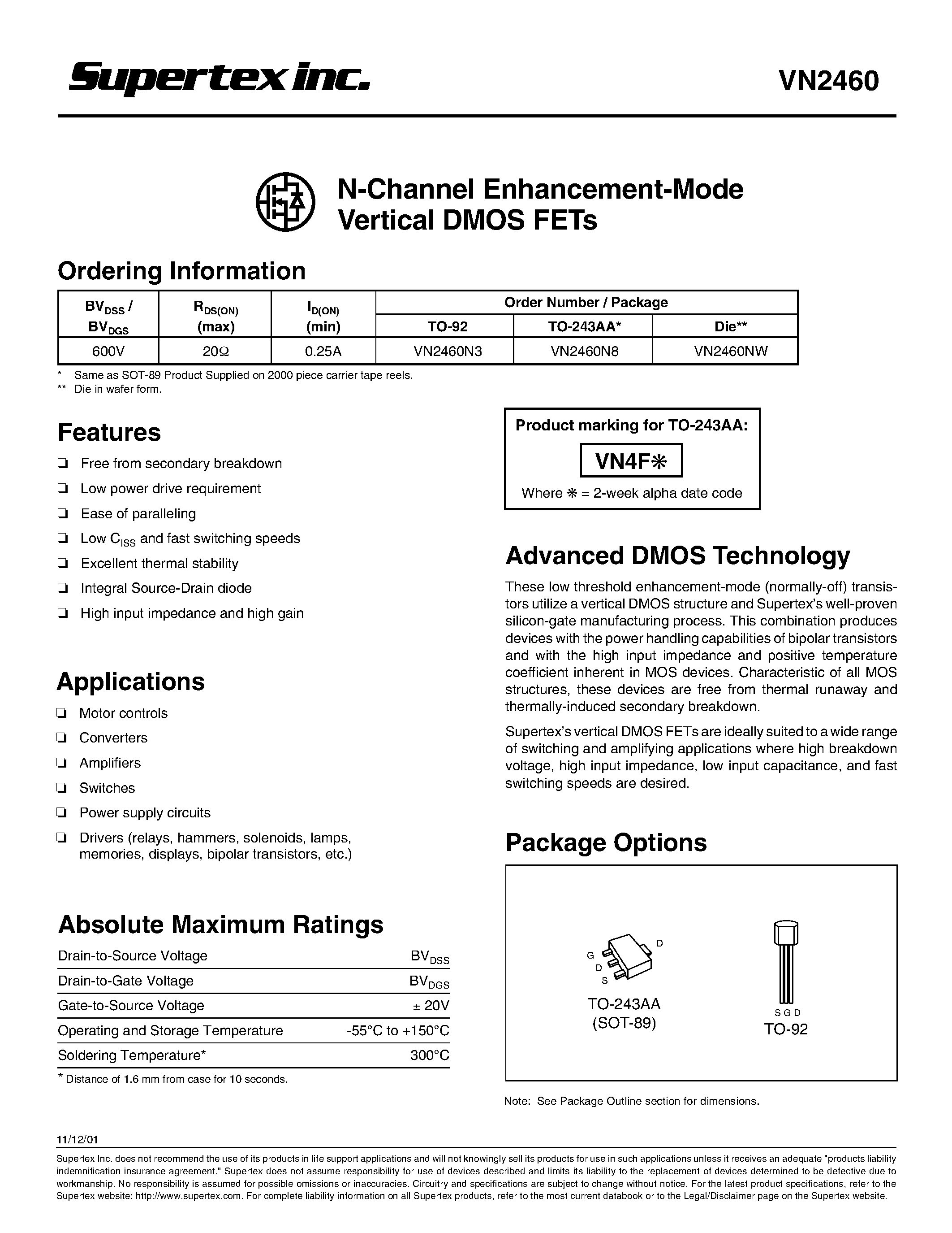 Datasheet VN2460 - N-Channel Enhancement-Mode Vertical DMOS FETs page 1