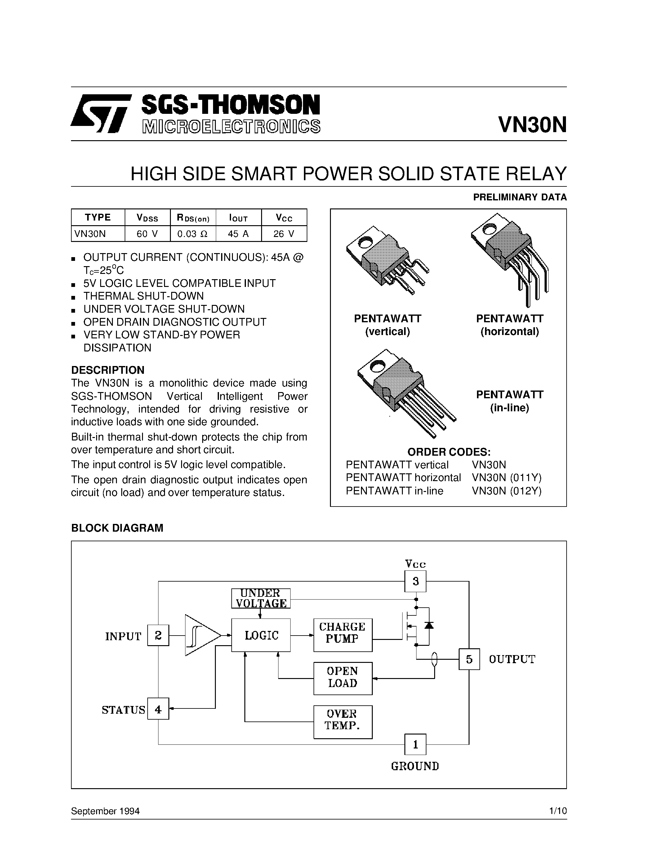Datasheet VN30N(012Y) - HIGH SIDE SMART POWER SOLID STATE RELAY page 1