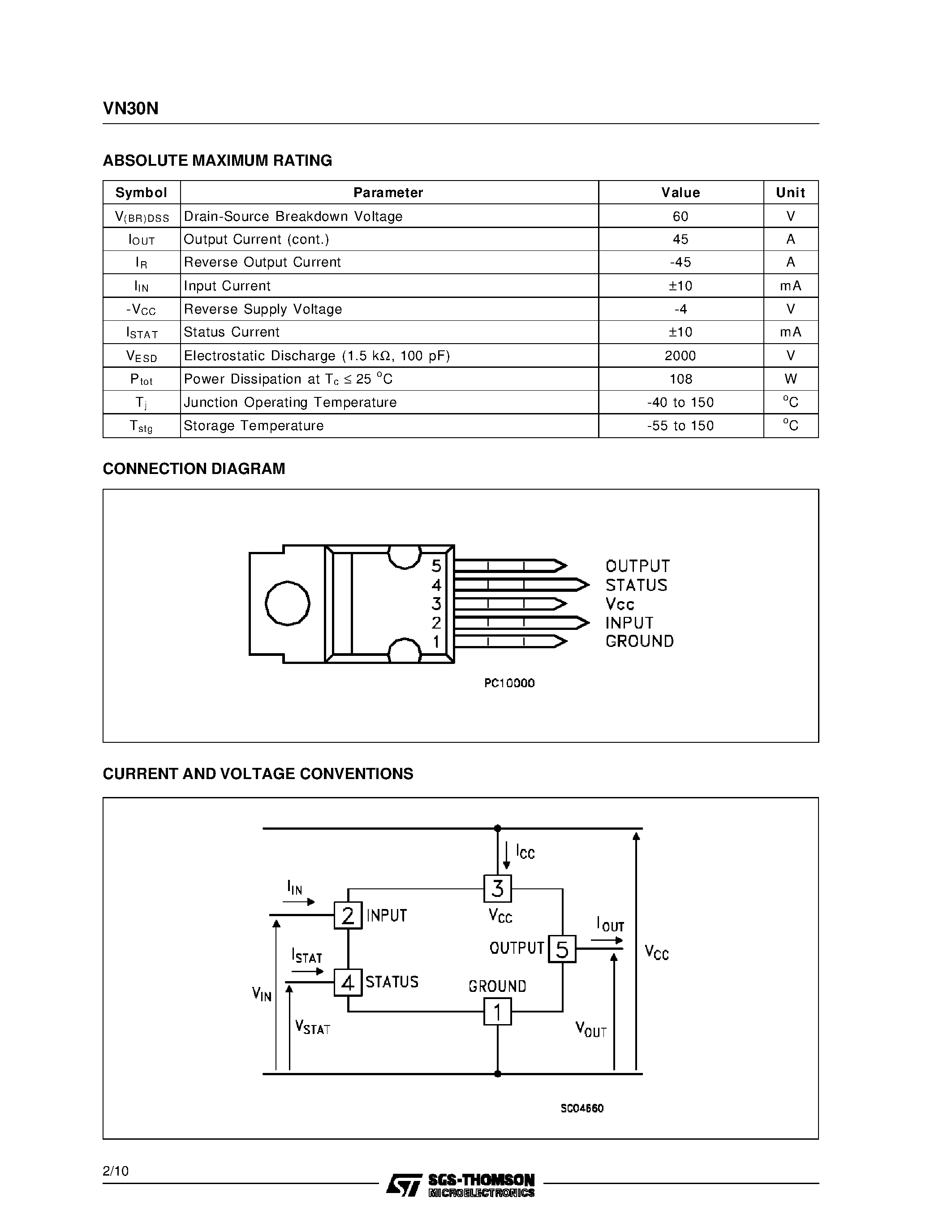 Datasheet VN30N(012Y) - HIGH SIDE SMART POWER SOLID STATE RELAY page 2