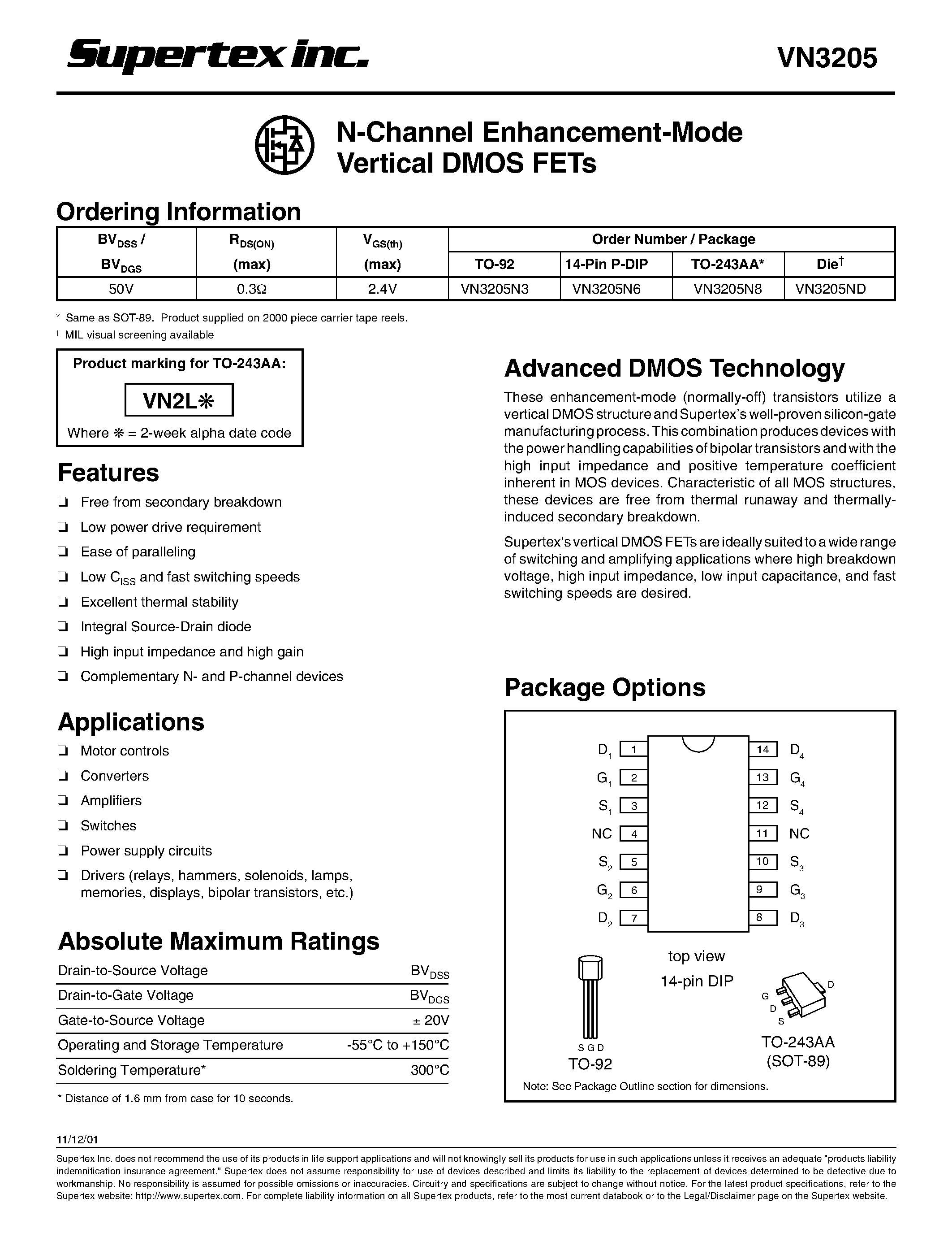 Datasheet VN3205N3 - N-Channel Enhancement-Mode Vertical DMOS FETs page 1