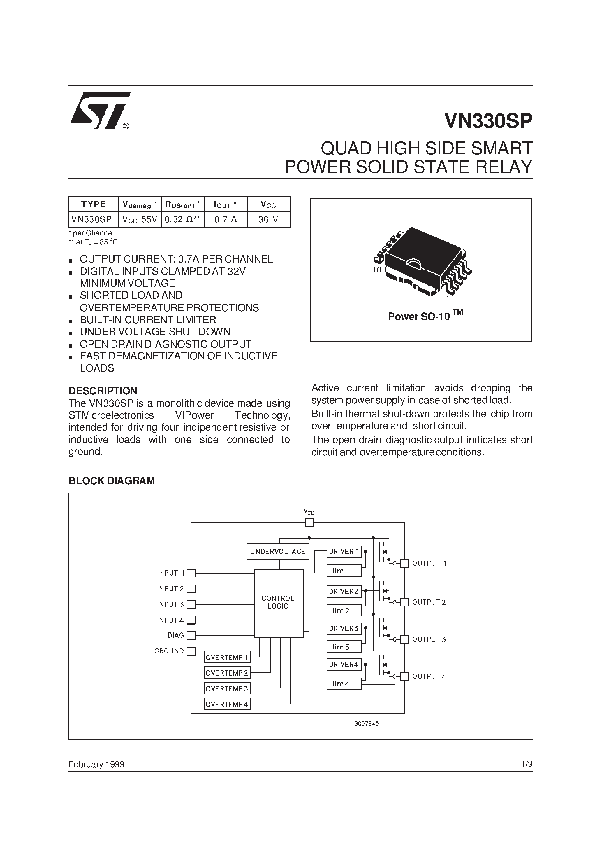 Даташит на микросхему VN330SP страница 1 Даташит VN330SP - QUAD HIGH SIDE SMART POWER SOLID STATE RELAY страница 1
