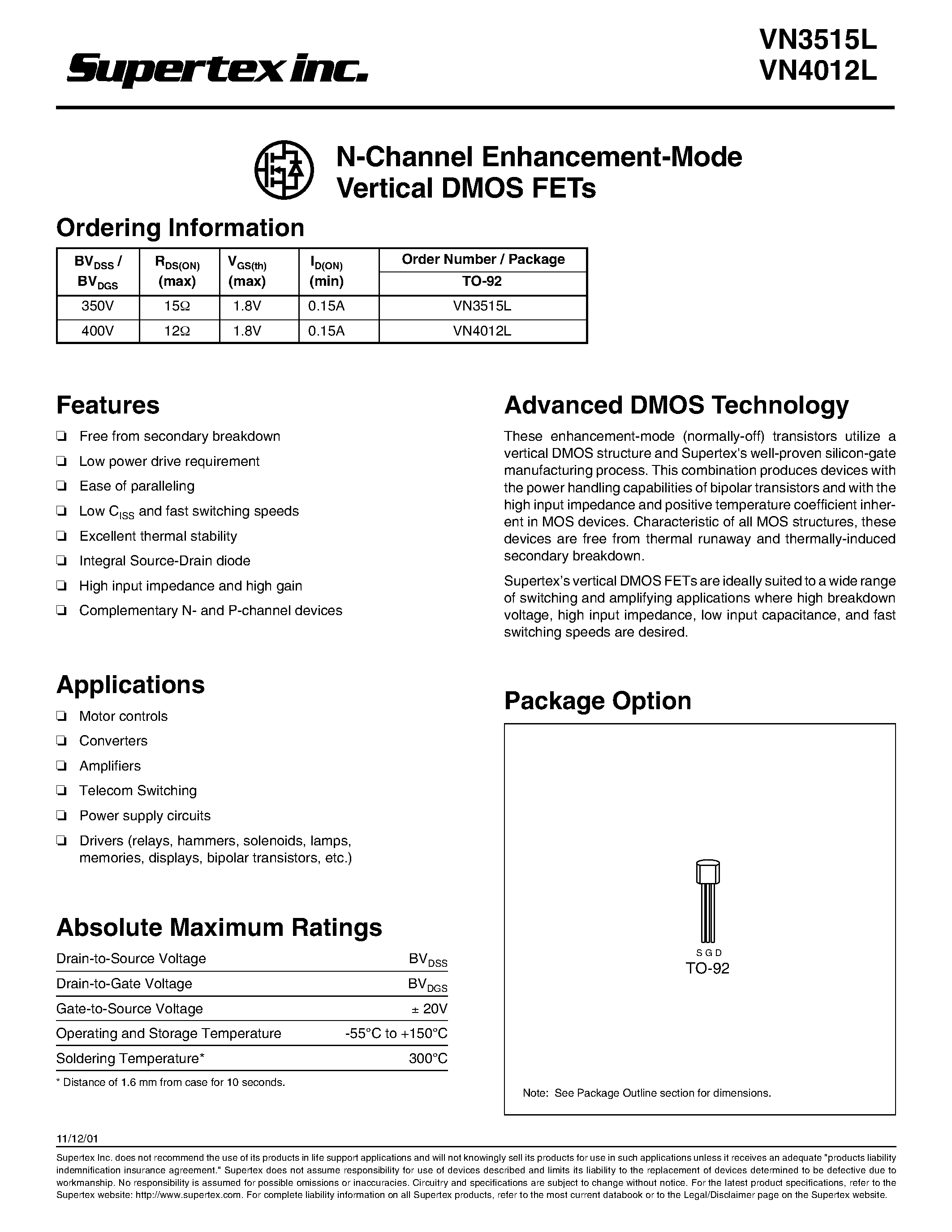 Datasheet VN4012L - N-Channel Enhancement-Mode Vertical DMOS FETs page 1