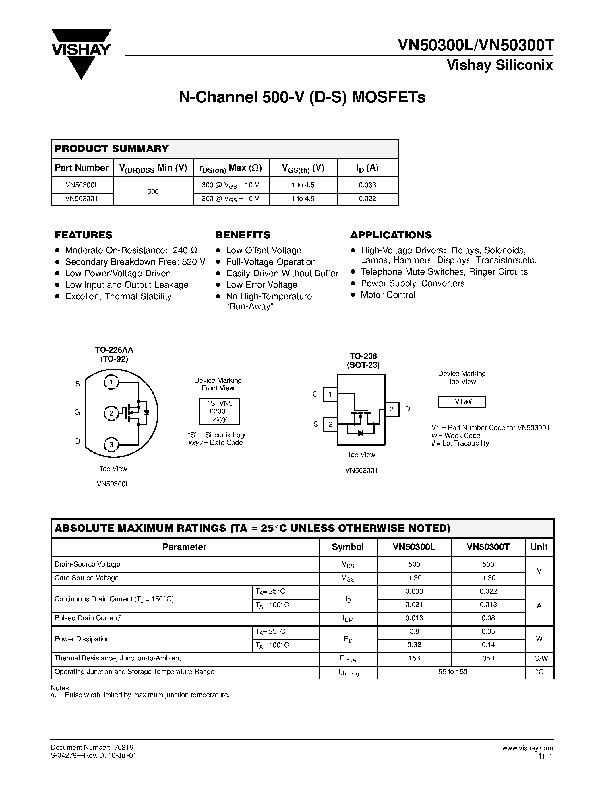 Datasheet VN50300T - N-Channel 500-V (D-S) MOSFETs page 1