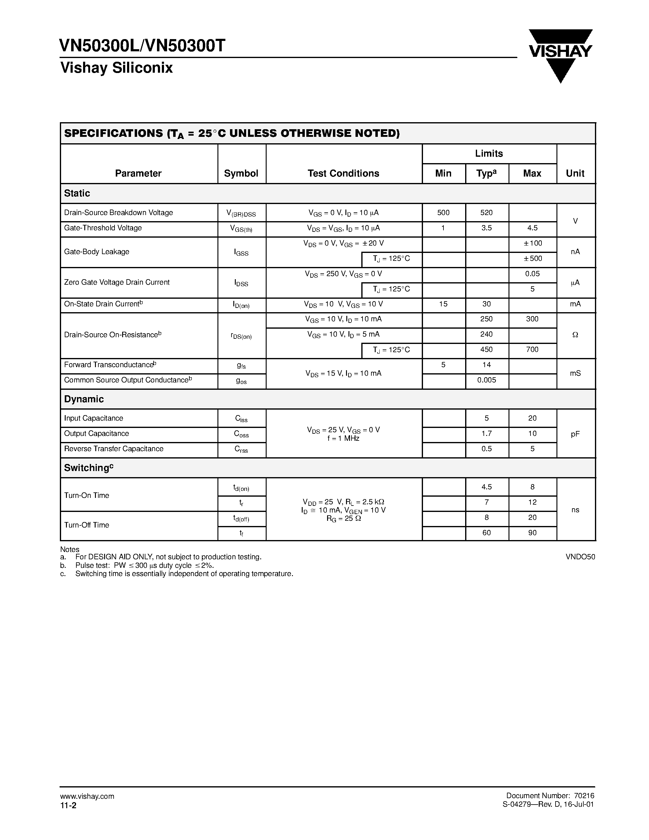 Datasheet VN50300T - N-Channel 500-V (D-S) MOSFETs page 2