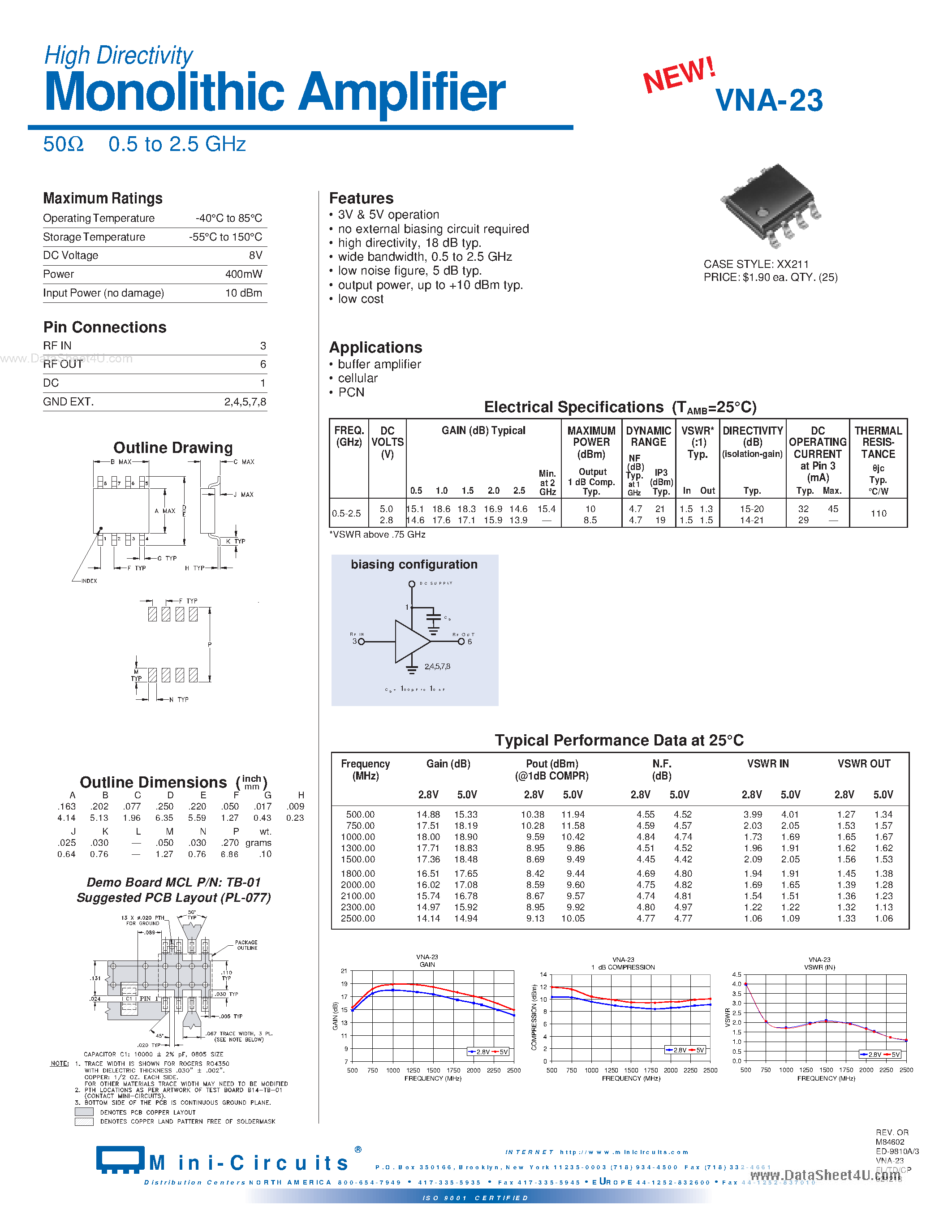 Datasheet VNA-23 - High Directivity Monolithic Amplifier 50OHM 0.5 to 2.5 GHz page 1