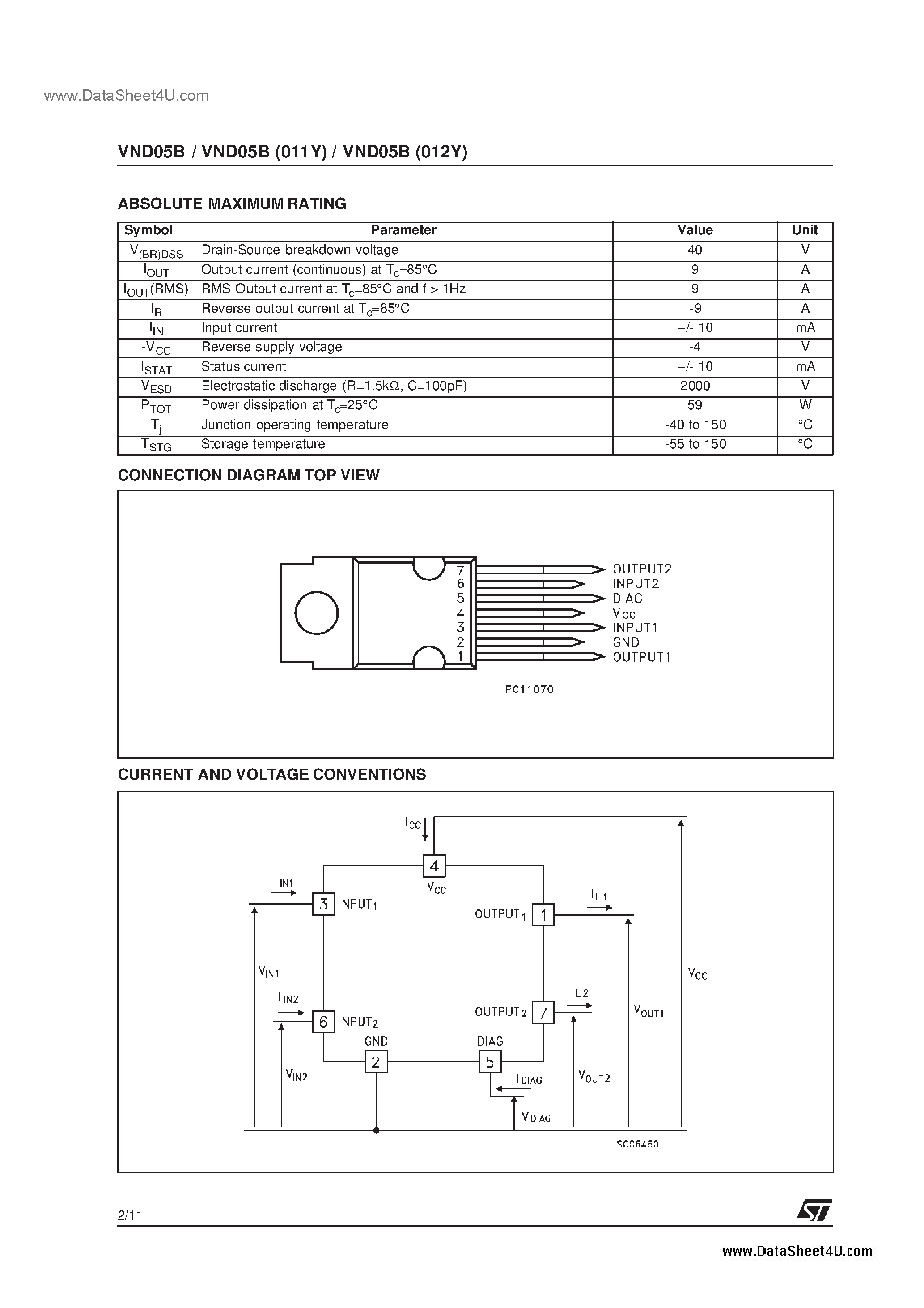 Даташит VND05B(011Y) - DOUBLE CHANNEL HIGH SIDE SMART POWER SOLID STATE RELAY страница 2