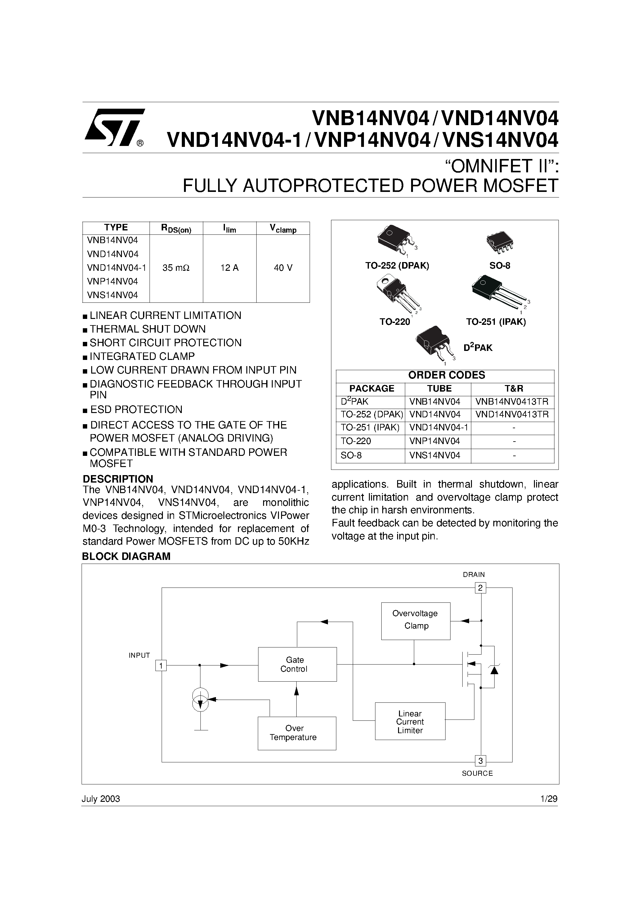 Даташит VND14NV04 - OMNIFET II: FULLY AUTOPROTECTED POWER MOSFET страница 1