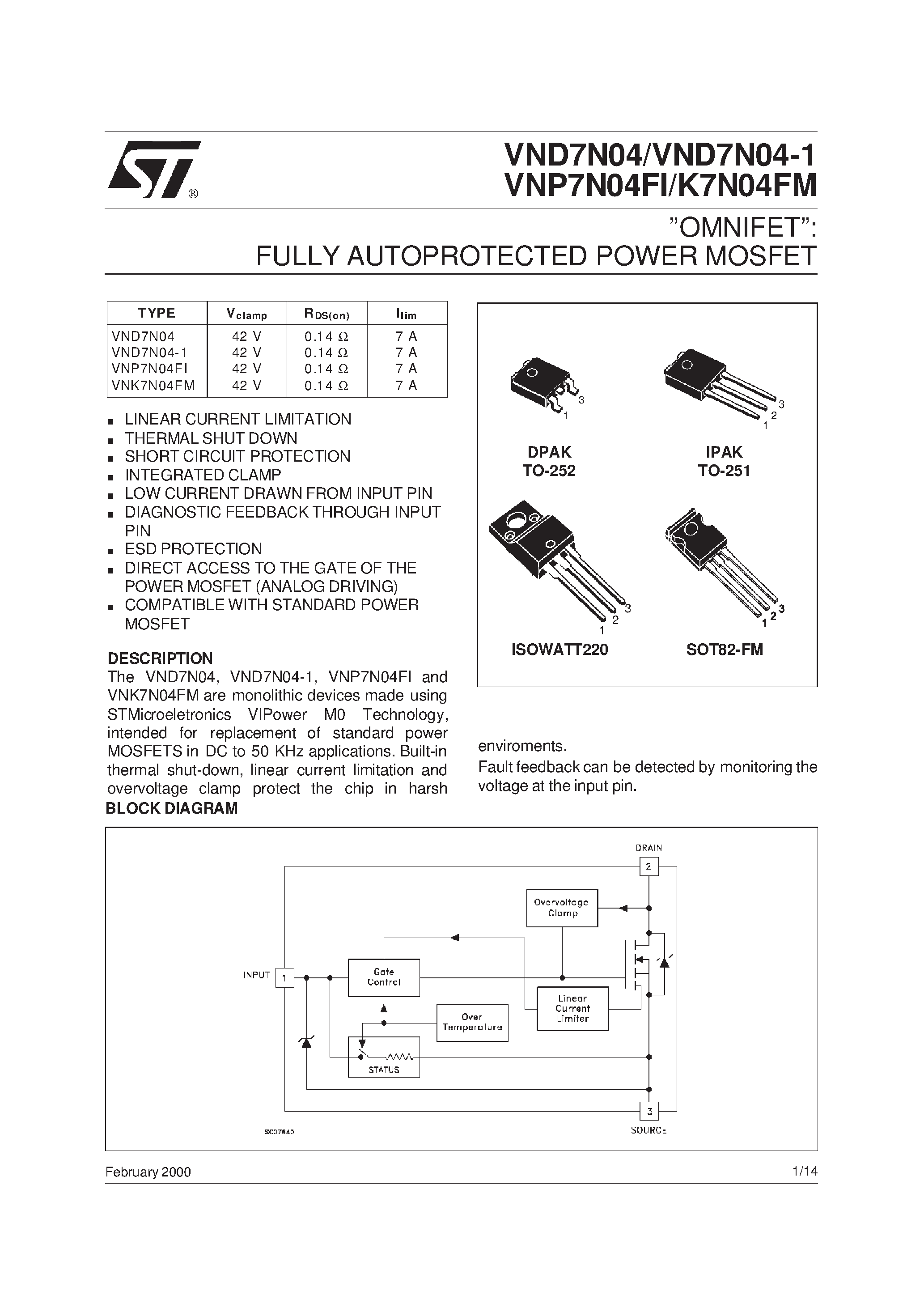 Datasheet VND7N04-1 page 1 Datasheet VND7N04-1 - OMNIFET: FULLY AUTOPROTECTED POWER MOSFET page 1