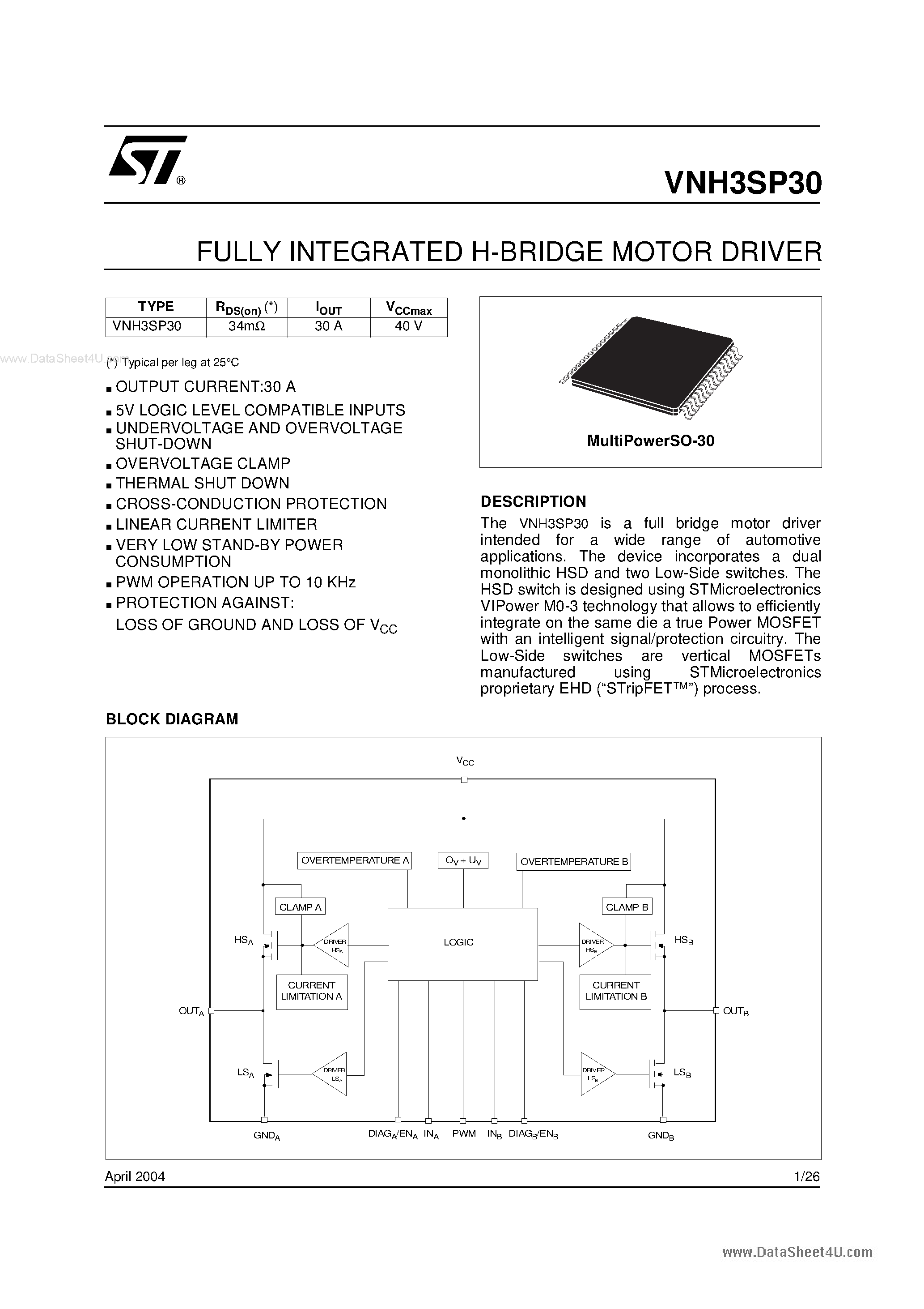Datasheet VNH3SP30 page 1 Datasheet VNH3SP30 - FULLY INTEGRATED H-BRIDGE MOTOR DRIVER page 1