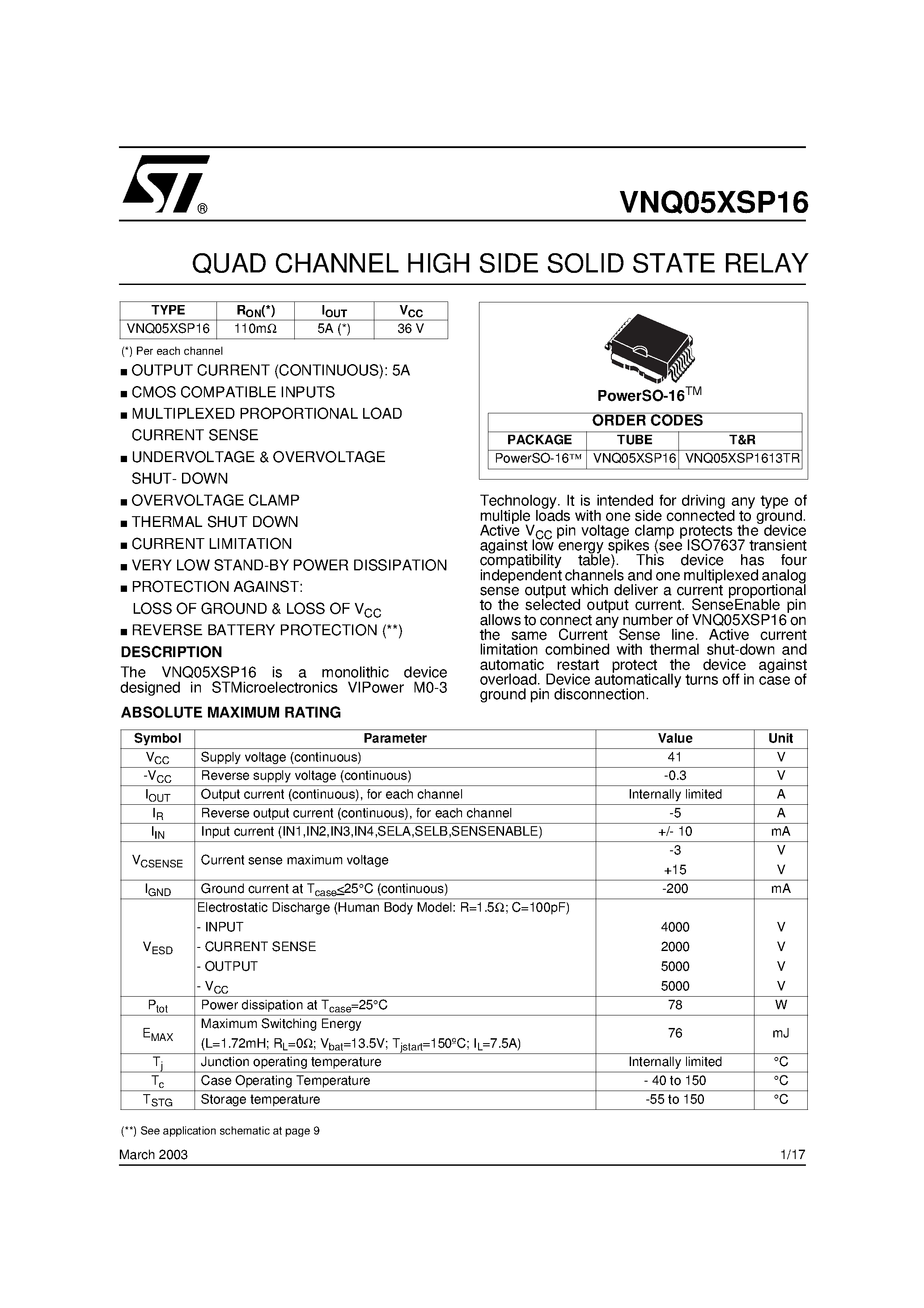 Datasheet VNQ05XSP16 page 1 Datasheet VNQ05XSP16 - QUAD CHANNEL HIGH SIDE SOLID STATE RELAY page 1