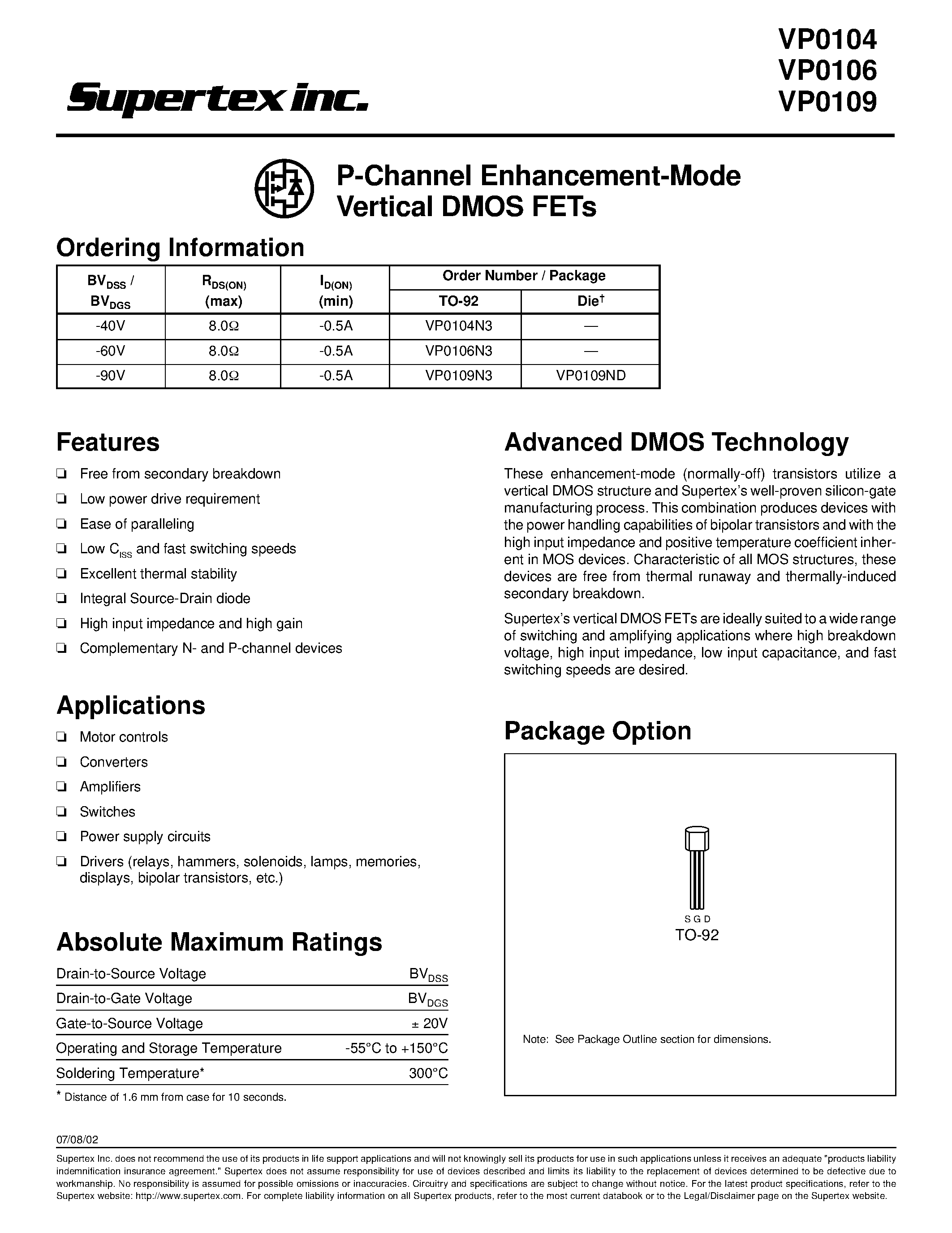 Datasheet VP0104N3 - P-Channel Enhancement-Mode Vertical DMOS FETs page 1