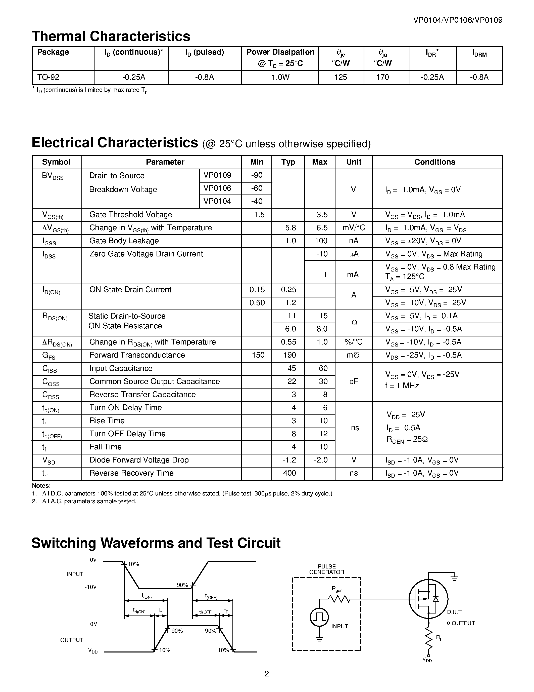Datasheet VP0104N3 - P-Channel Enhancement-Mode Vertical DMOS FETs page 2