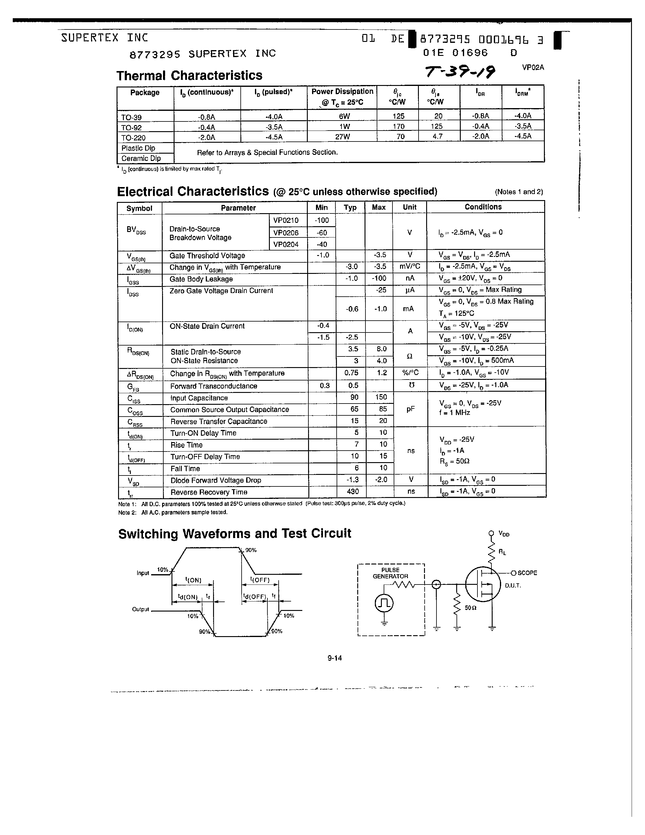Datasheet VP0206N3 - P-Channel Enhancement-Mode Vertical DMOS Power FETs page 2