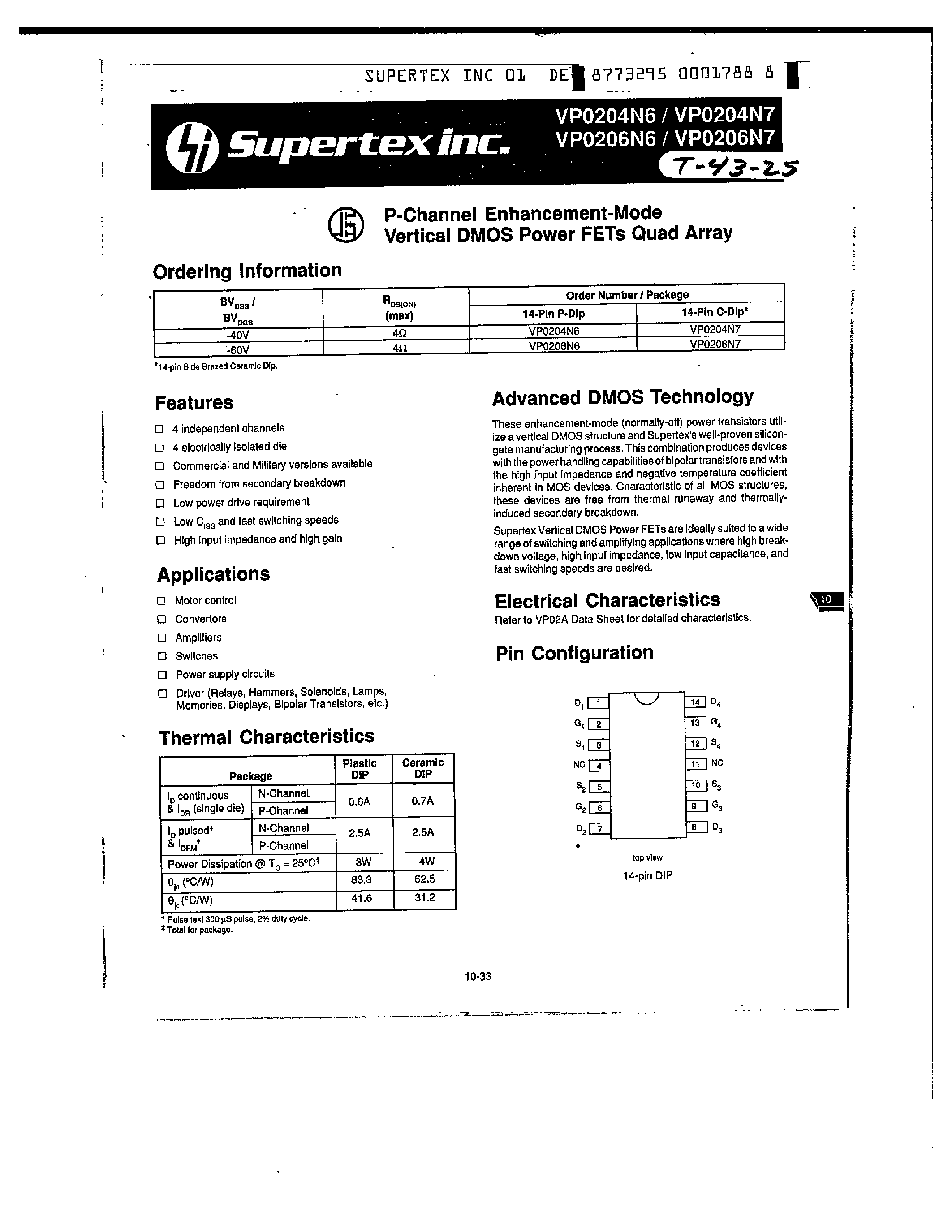 Datasheet VP0206N7 - P-Channel Enhancement-Mode Vertical DMOS Power FETs page 1