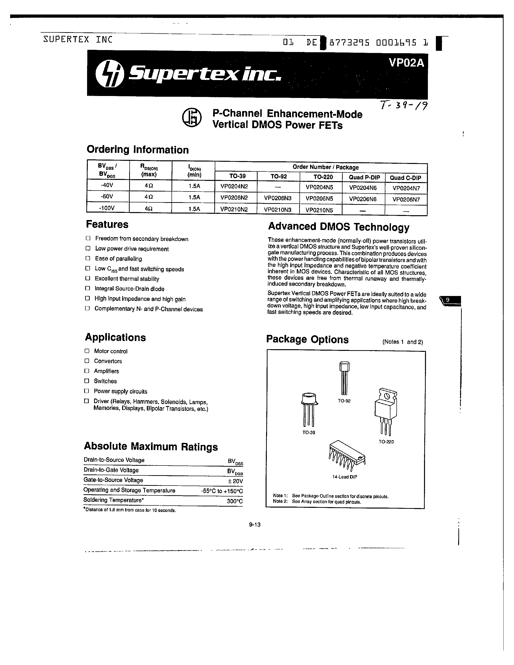 Datasheet VP0210N2 - P-Channel Enhancement-Mode Vertical DMOS Power FETs page 1