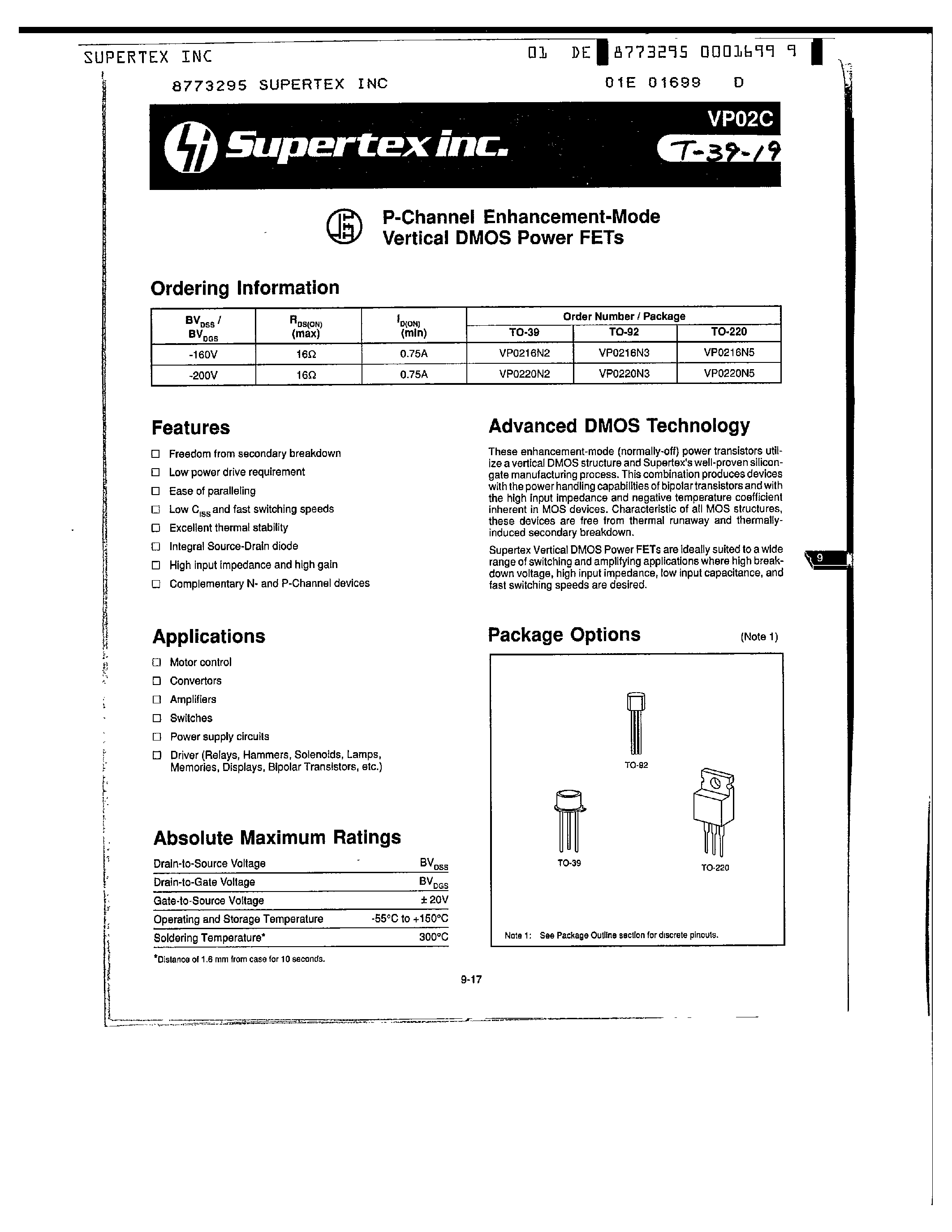 Datasheet VP0216N5 - P-Channel Enhancement-Mode Vertical DMOS Power FETs page 1