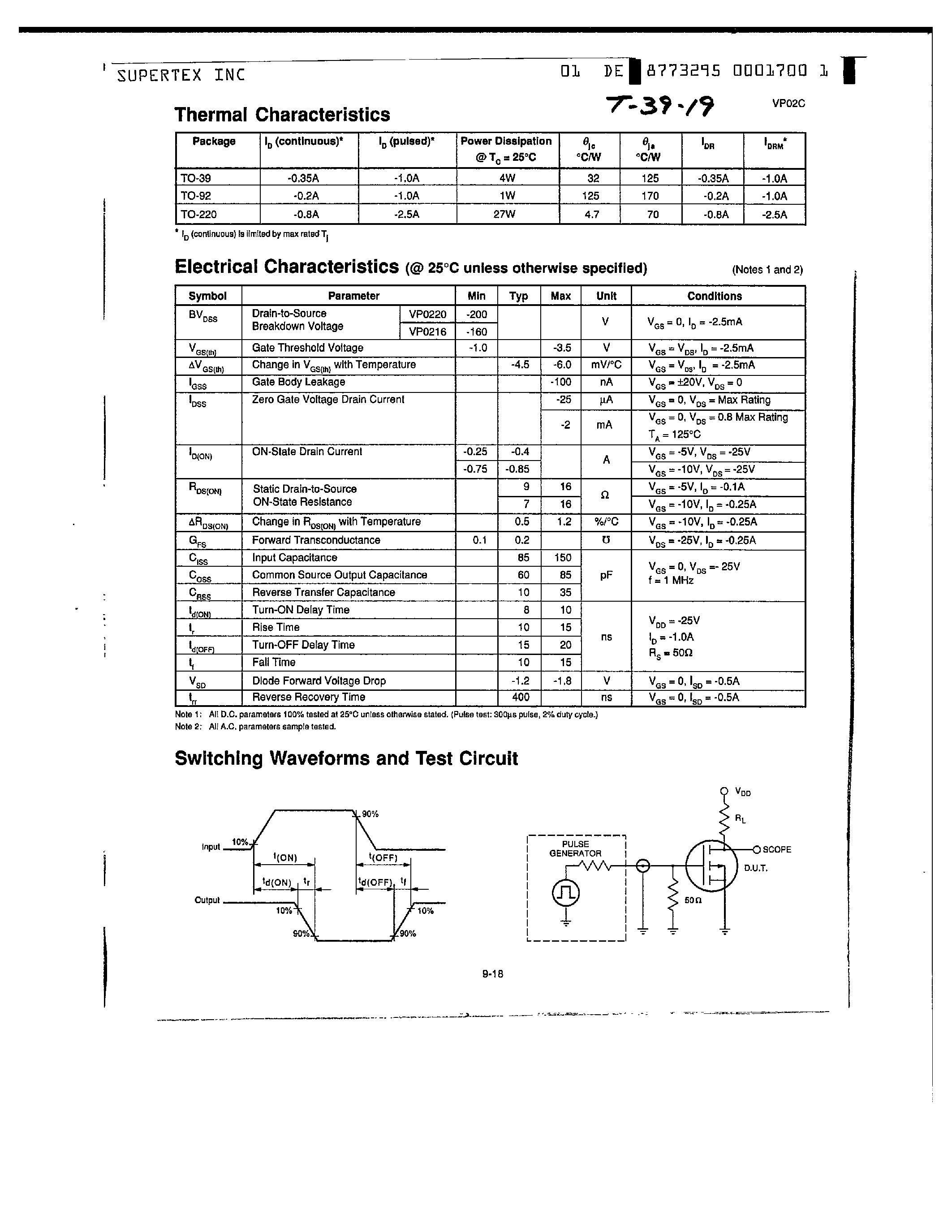 Datasheet VP0220N3 page 2 Datasheet VP0220N3 - P-Channel Enhancement-Mode Vertical DMOS Power FETs page 2