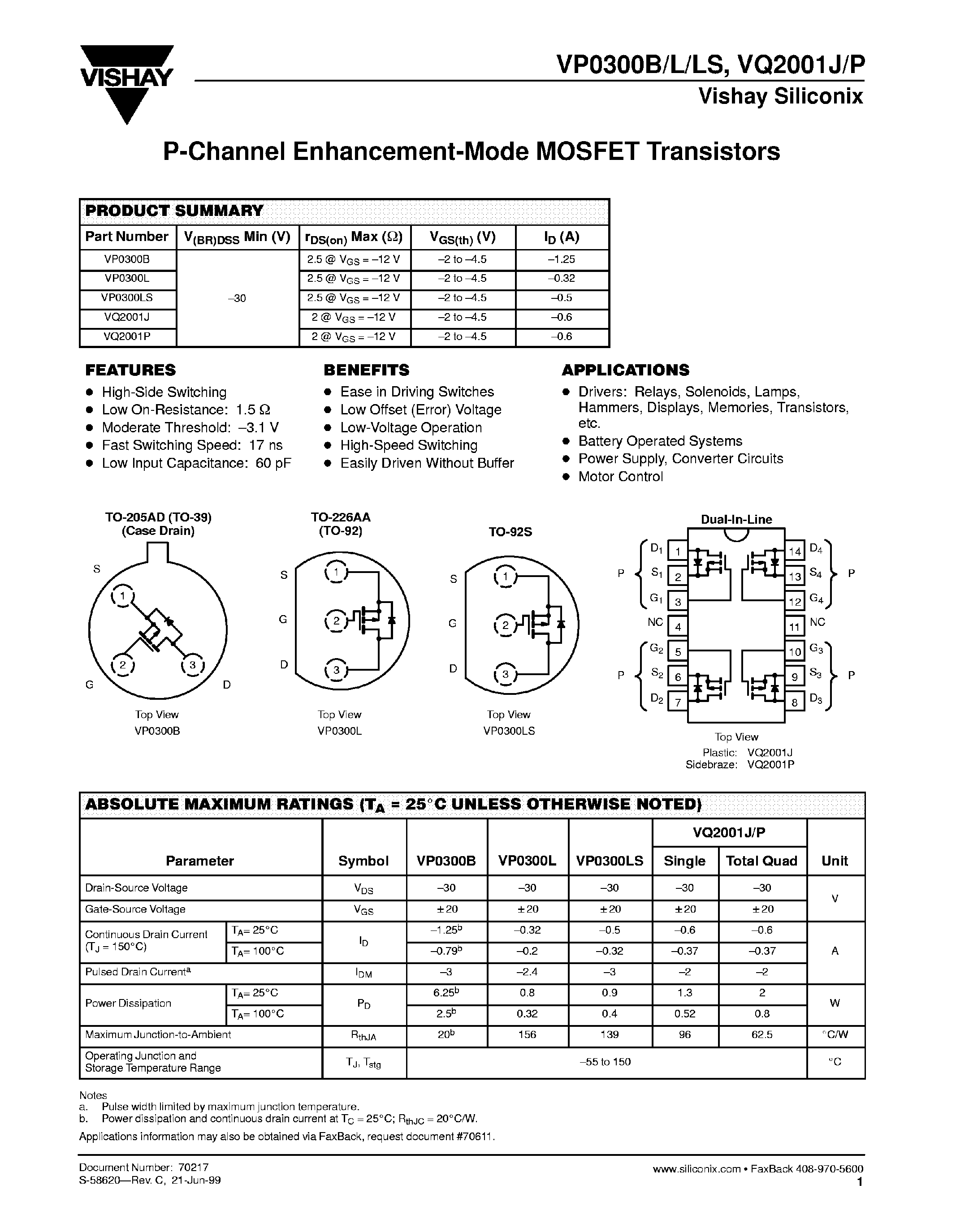 Datasheet VP0300L - P-Channel 30-V (D-S) MOSFETs page 1