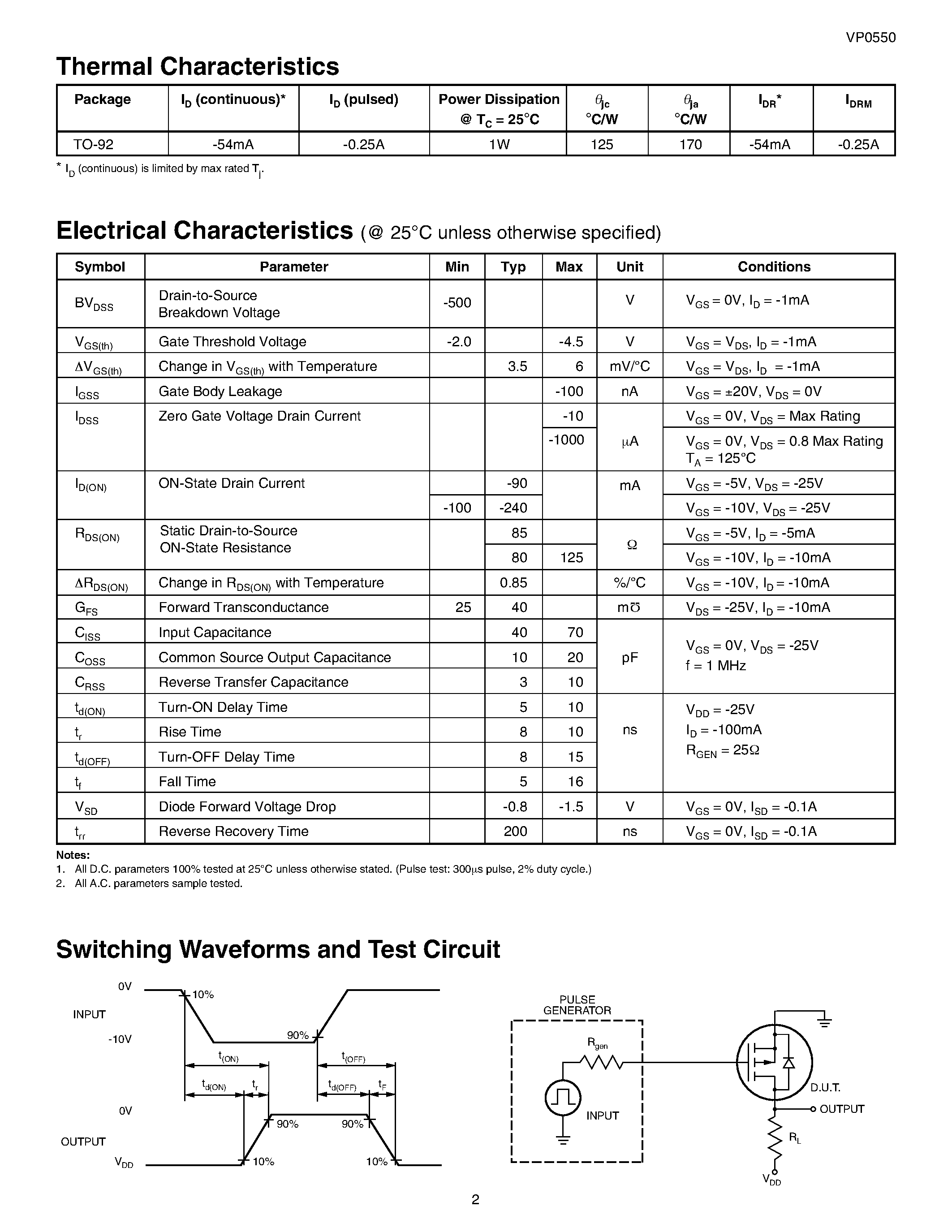 Даташит VP0550 - P-Channel Enhancement-Mode Vertical DMOS FETs страница 2