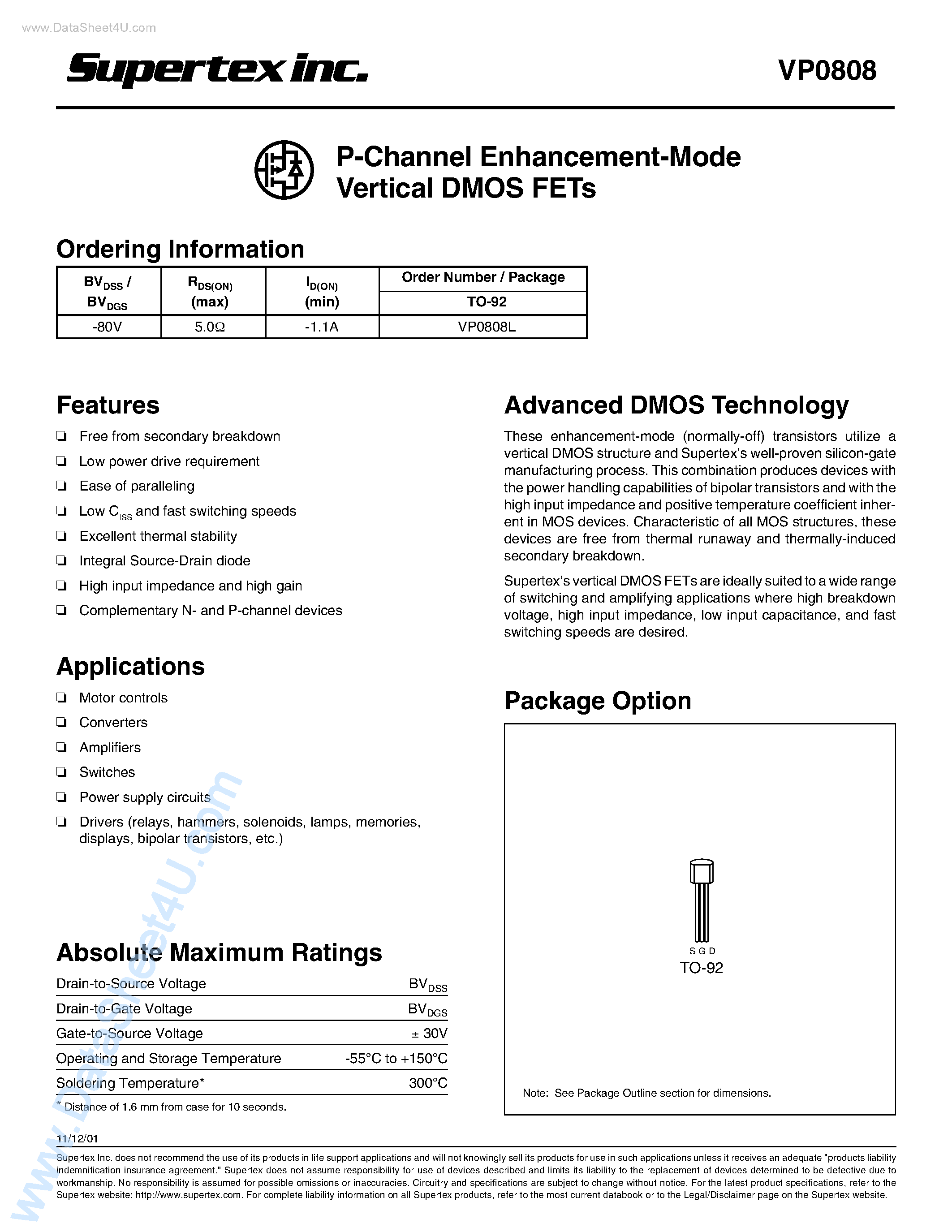Datasheet VP0808L page 1 Datasheet VP0808L - P-Channel Enhancement-Mode Vertical DMOS FETs page 1