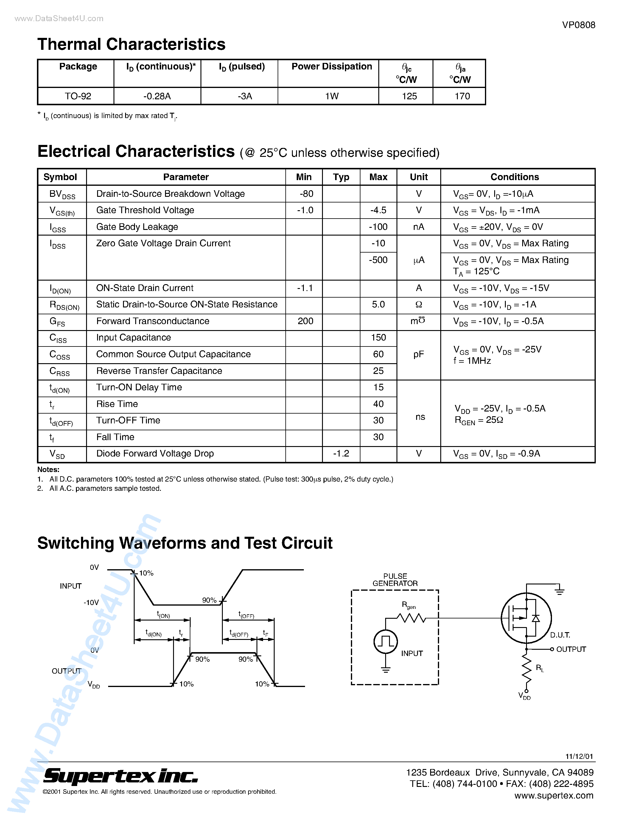 Datasheet VP0808L page 2 Datasheet VP0808L - P-Channel Enhancement-Mode Vertical DMOS FETs page 2