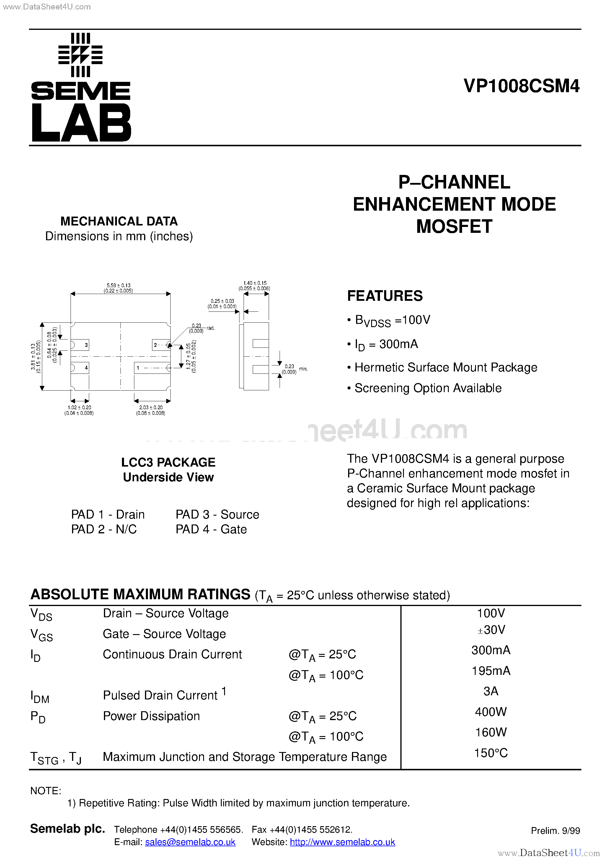Datasheet VP1008CSM4 - P-CHANNEL ENHANCEMENT MODE MOSFET page 1