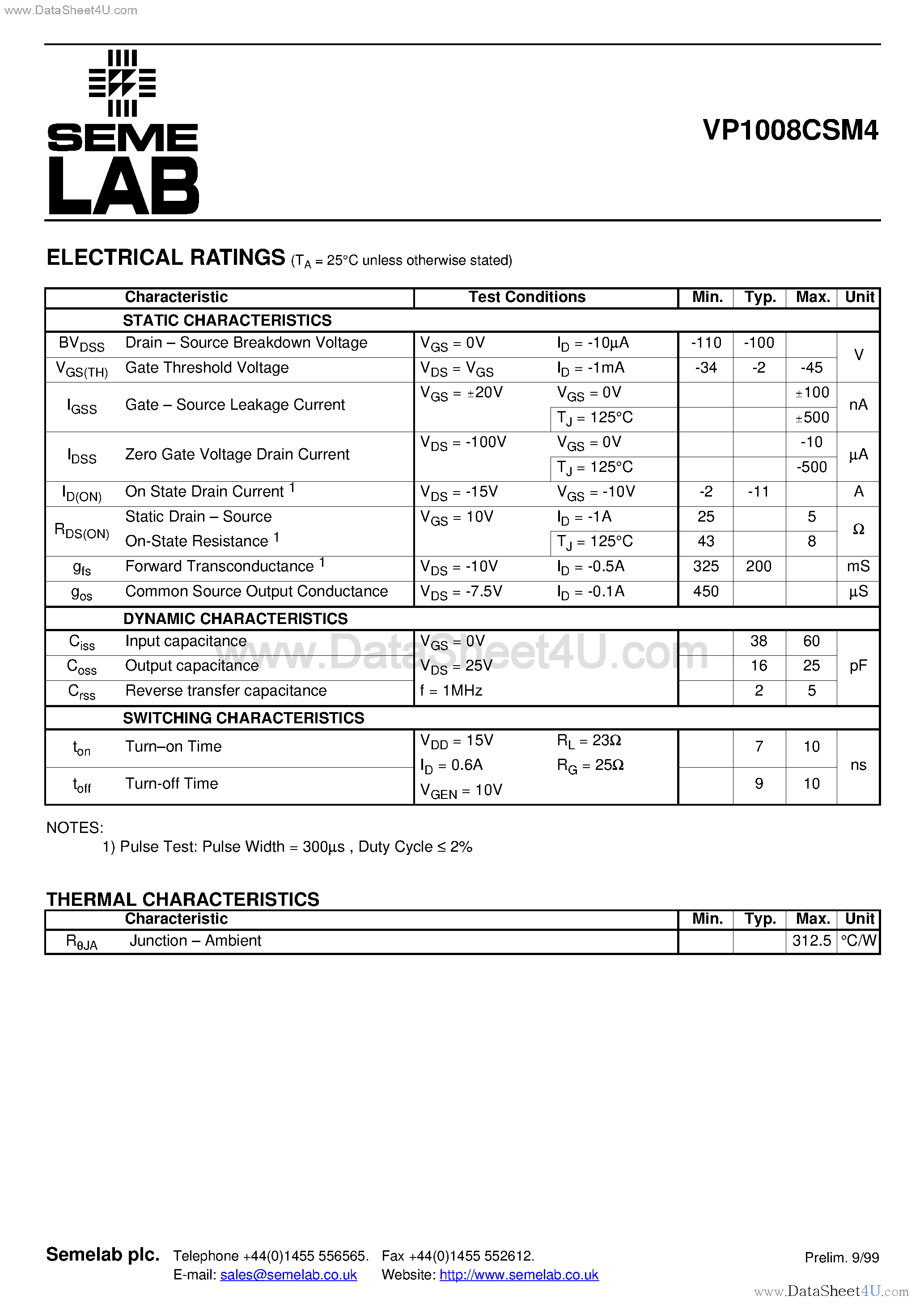 Datasheet VP1008CSM4 - P-CHANNEL ENHANCEMENT MODE MOSFET page 2