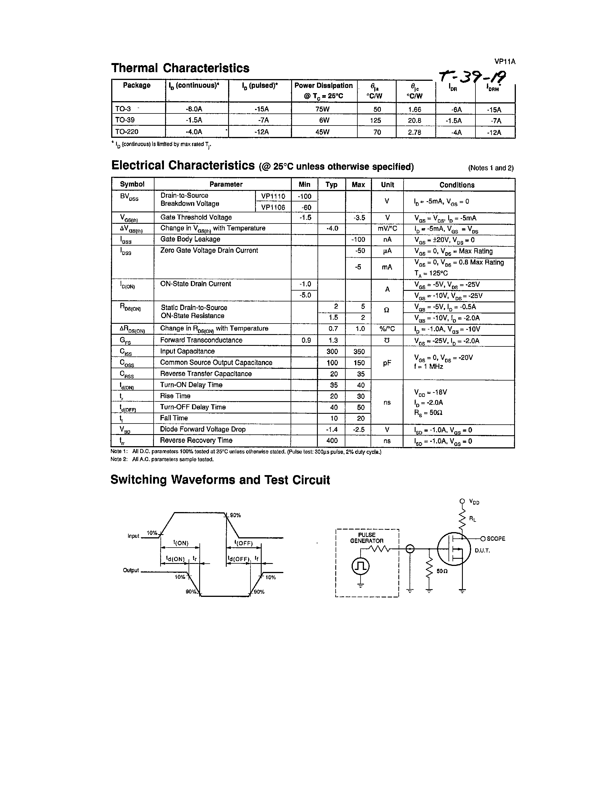 Datasheet VP1110ND - P-Channel Enhancement-Mode Vertical DMOS Power FETs page 2