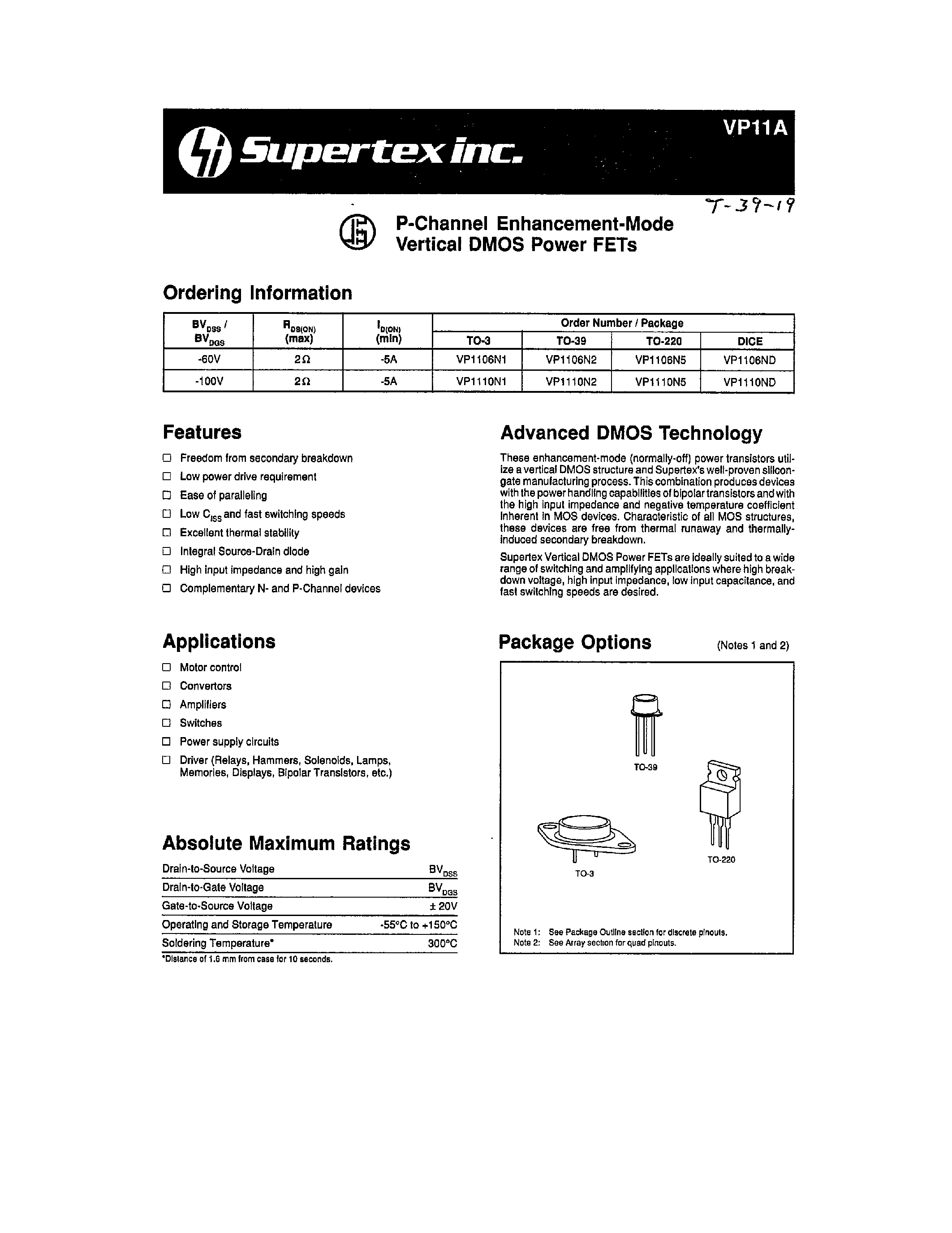 Datasheet VP1120ND - P-Channel Enhancement-Mode Vertical DMOS Power FETs page 1